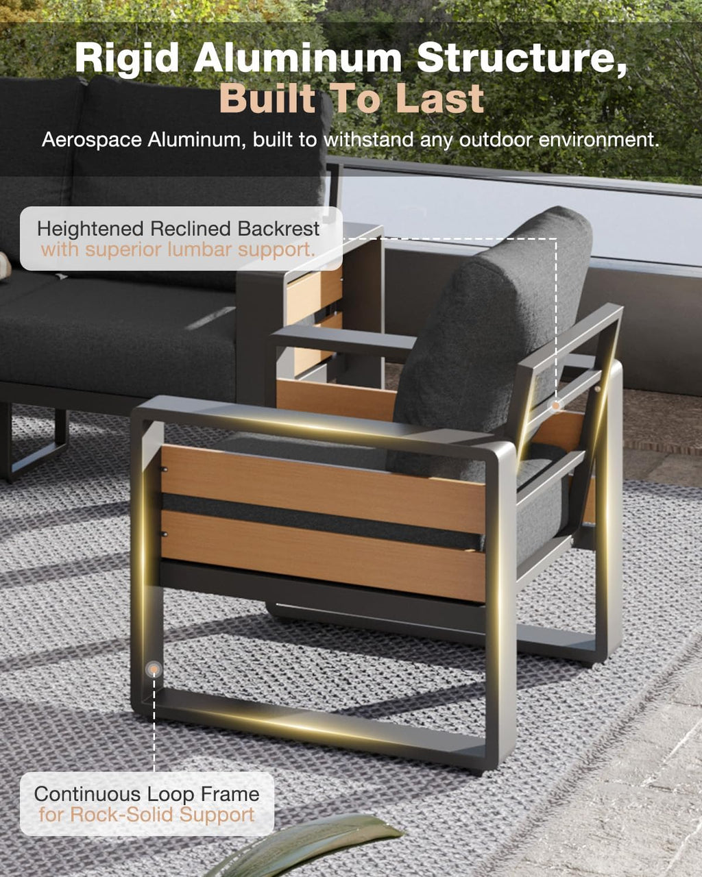 Aoxun Aluminum Patio Furniture Set with Fire Pit Table, 4 Piece Luxury Outdoor Sectional with 6' Olefin Fabric Cushions, Patio Conversation Sets with Waterproof Cover for Backyard, Porch Dark Grey