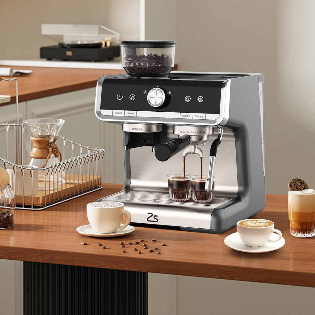 Semi-Automatic Espresso Machine, 20 Bar Professional Coffee Maker with Grinder, 1450W Fast Heating, 30 Grind Settings, Milk Frother Steam Wand, 2.8L Water Tank, Home & Kitchen Espresso Machines, Silve