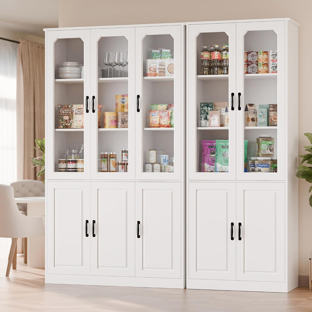 MU 78.7' Tall Kitchen Pantry with 3 Glass Doors, Freestanding China Cabinet with Adjustable Shelves, Large Kitchen Pantry Storage Cabinet Cupboard for Dining Room, Living Room, White (X-Large, 46' W)