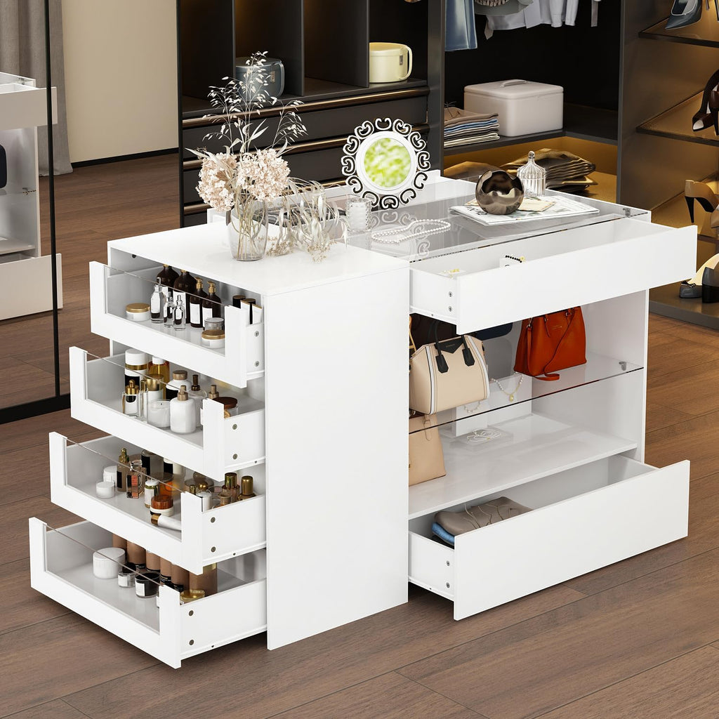 Glass Display Cabinet Closet Island, Glass Top Storage Cabinet for Retail, Collectibles Showcase with 8 Drawers, Walk in Display Island for Retail Shop, Cloakroom, White