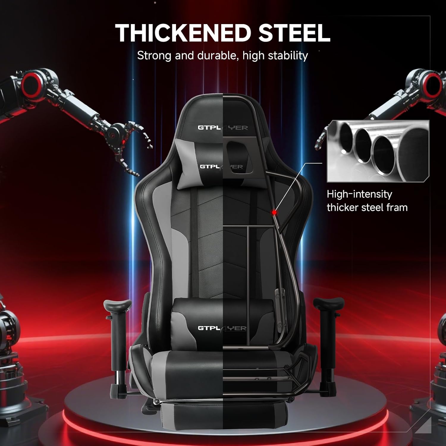 GTPLAYER Gaming Chair,Gamer Chair with Bluetooth and Adjustable Backrest,Seat Height Adjustable Computer Chairs with 3D Armrests,Video Game Chair with Footrest Speakers (Grey)