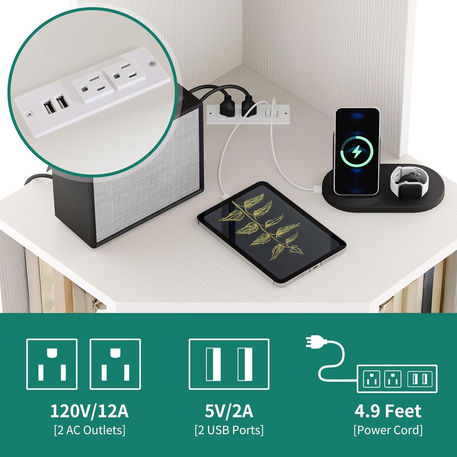 YITAHOME Corner Shelf with USB Ports & Outlets, Modern Corner Storage Cabinet Rack Charging Station, Wooden Display Bookshelf Bookcase for Living Room, Bedroom, Dining Room, Kitchen, White