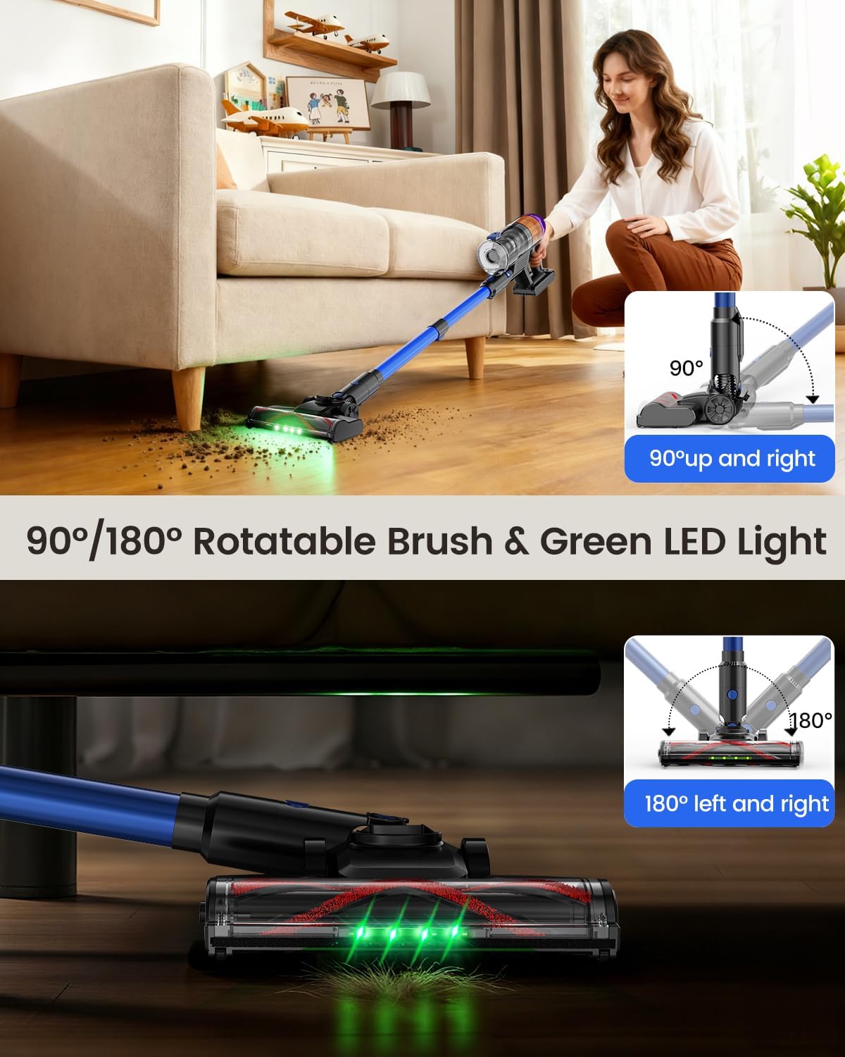Cordless Vacuum Cleaner,500W 40KPa 60Mins Vacuum Cleaners for Home,Powerful Stick Vacuum With Green Light,Anti-tangle Wireless Vacumm, Rechargeable Vacuum for Pet Hair/Carpet/Hardwood Floor,Blue