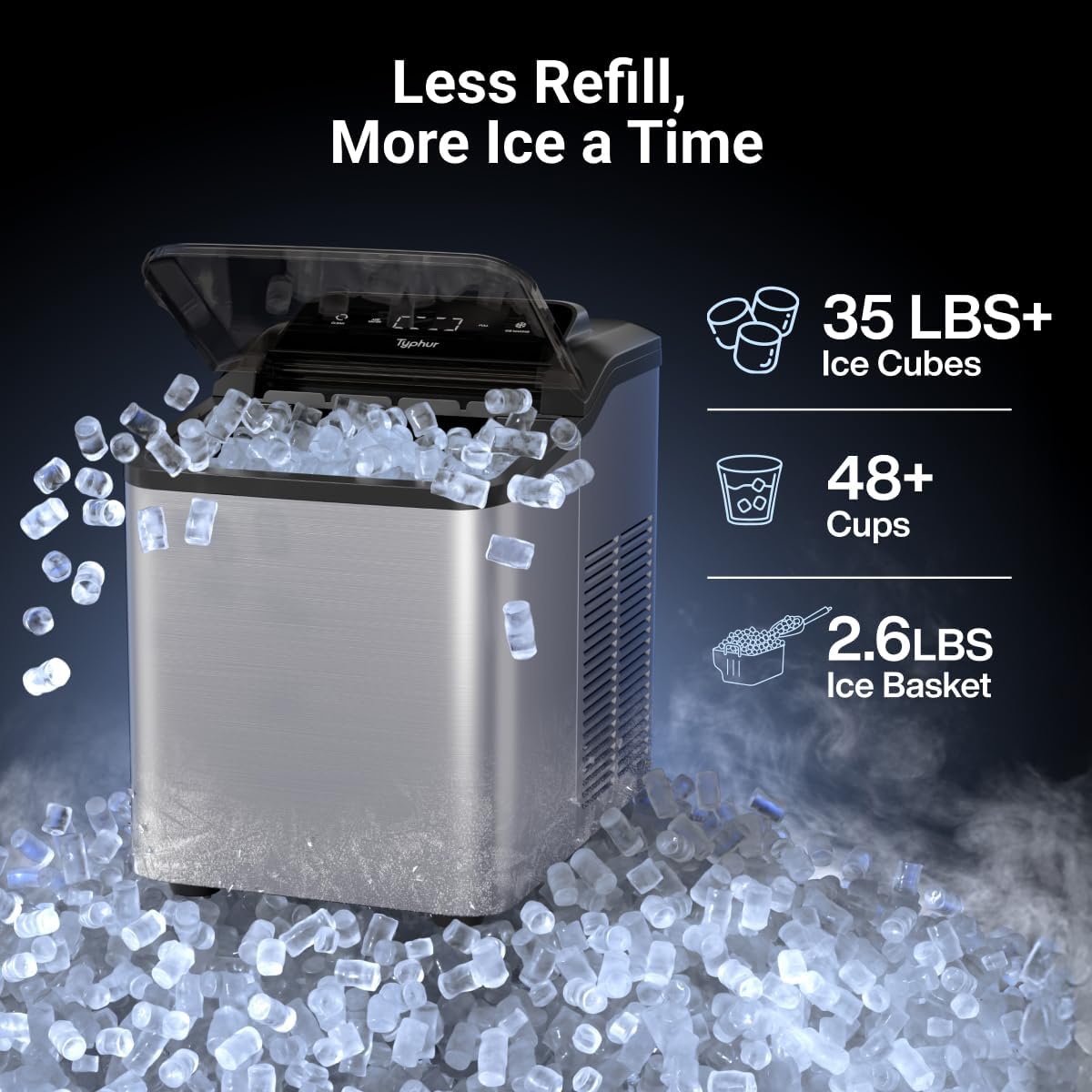 Typhur Fast Nugget Ice Maker Countertop with Self-Cleaning Pump, 35lbs/24H Crushed Pebble Ice Machine with Pellet Ice, 8 Packs Cleaner, Dual Ice Scoops for Home, Kitchen, Party, RV, Stainless Steel