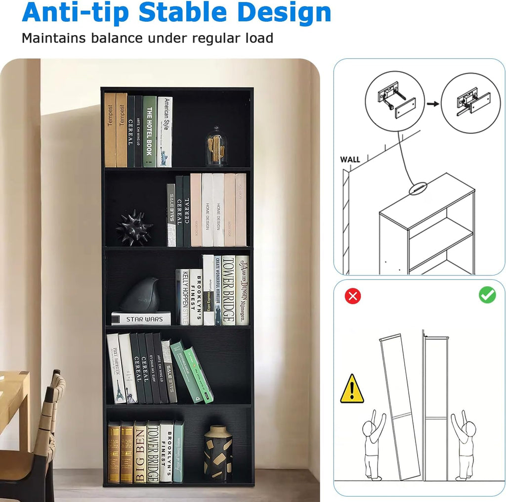 5-Tier Open Bookshelves and Bookcases Set of 2, Farmhouse Bookshelf with Display Storage Shelves, Wooden Bookcase for Living Room, Home Office, Bedroom, Black