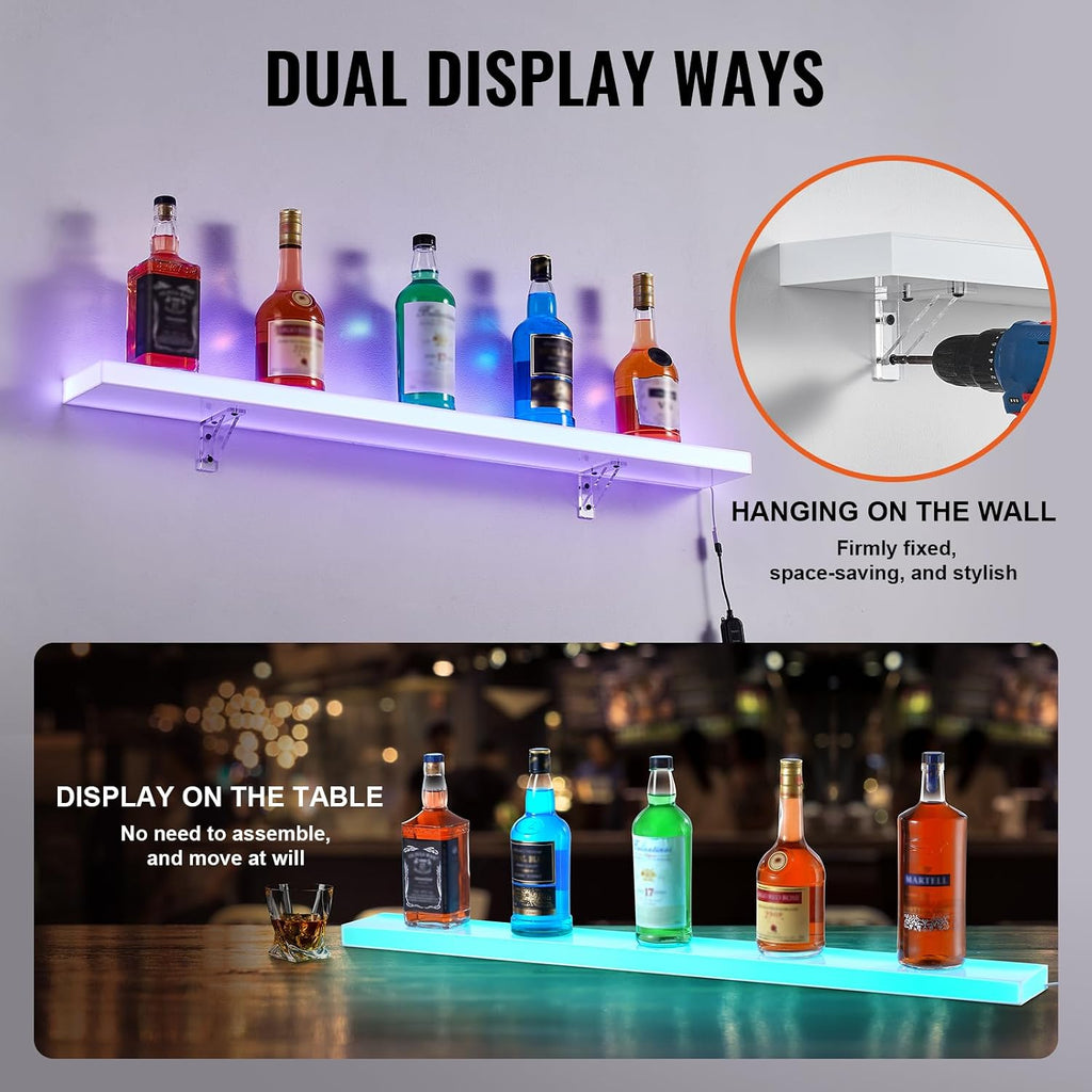 VEVOR LED Lighted Liquor Bottle Display, 1 Tier 40 Inch Wall Mounted Whiskey Rack Stand, 1 Step Commercial Illuminated Home Bar Shelf, Acrylic Drinks Light Shelves with RF Remote & App Control