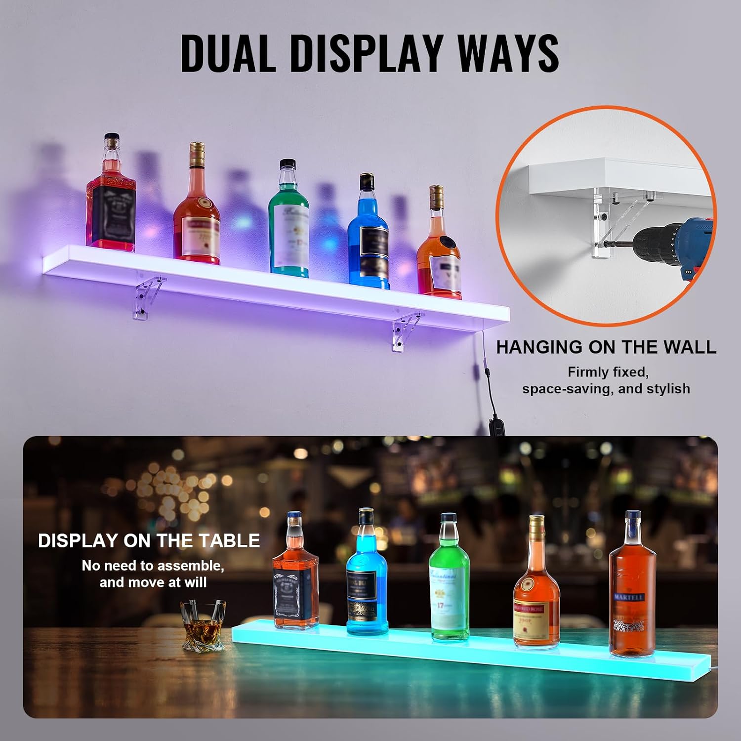 VEVOR LED Lighted Liquor Bottle Display, 1 Tier 40 Inch Wall Mounted Whiskey Rack Stand, 1 Step Commercial Illuminated Home Bar Shelf, Acrylic Drinks Light Shelves with RF Remote & App Control