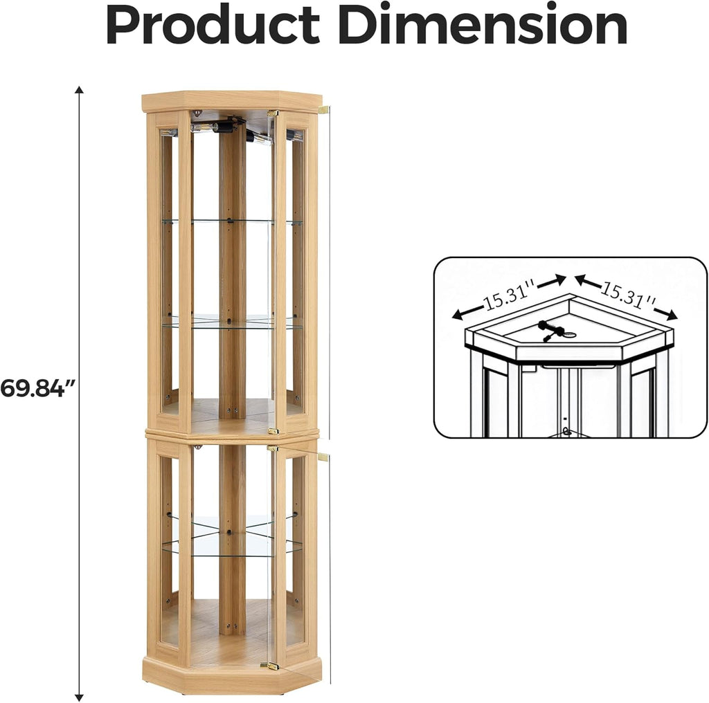 70' H Lighted Corner Curio Cabinet, Curio Cabinet with Tempered Glass Doors and Shelves, Corner Display Case with Light Bulb for Living Room, Dining Room, Light Oak