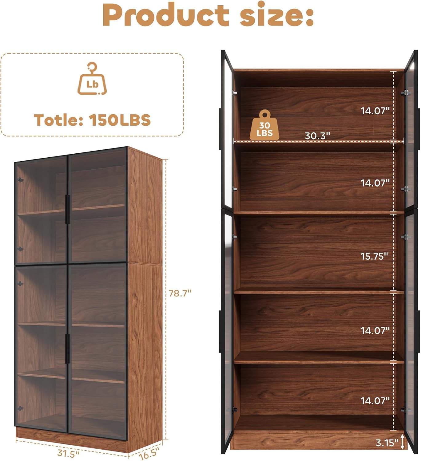 Mekminop Modern Display Storage Cabinet with LED Lights, Glass Door Tall Showcase with 5-Tier Shelves for Collectibles, Books, Wine, Curio Cabinet for Home Office Living Room Bedroom, Walnut