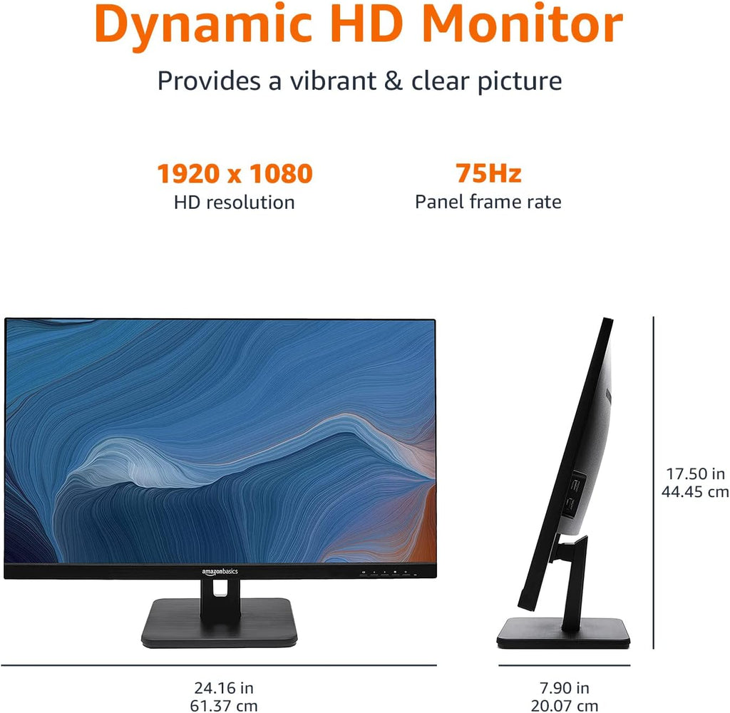 Amazon Basics 27 in IPS Monitor, Full HD 1080P, 75 Hz, Adjustable Stand, HDMI, Display Port, VGA Input, Built-in Speakers, VESA Compatible, Black