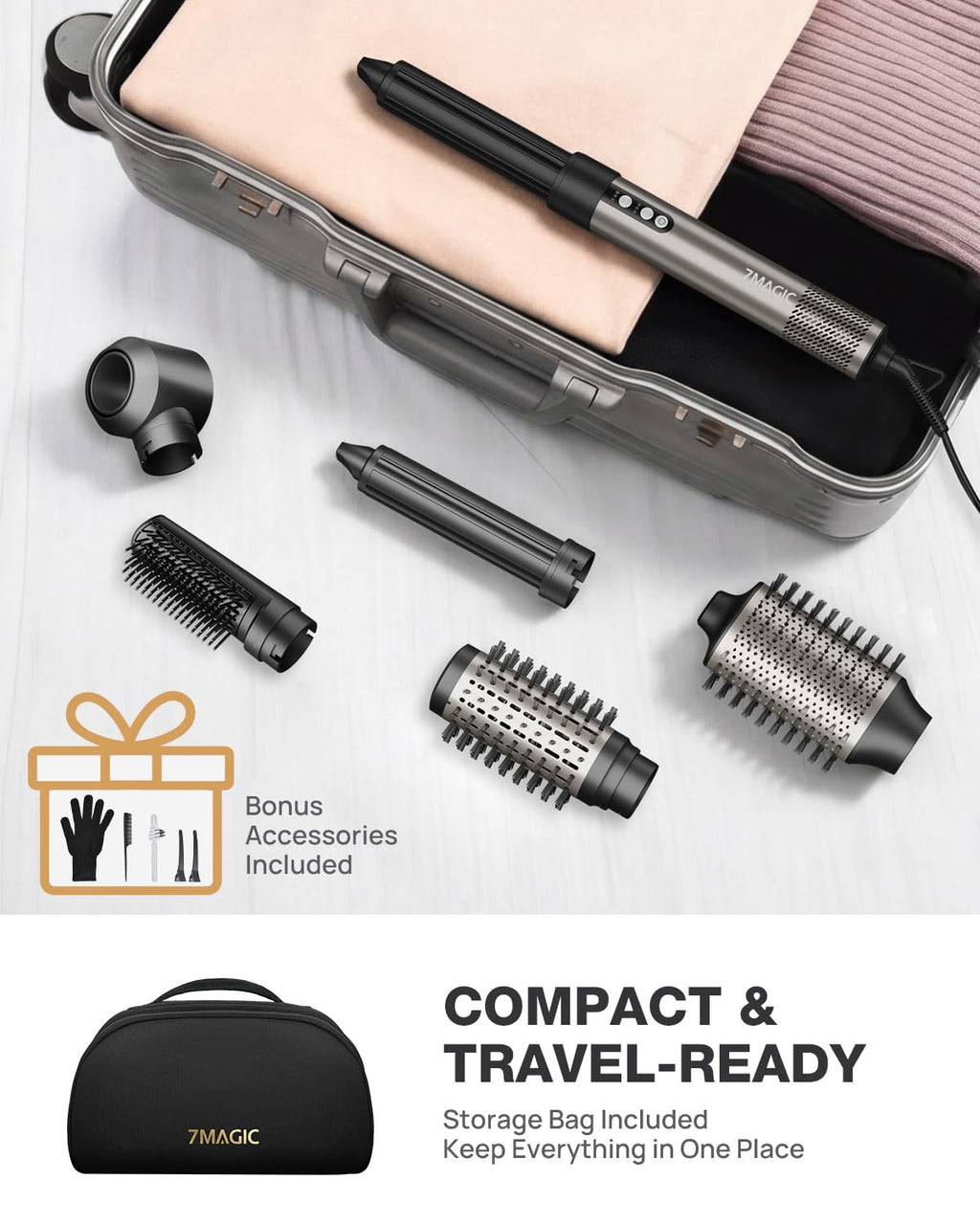 7MAGIC 6 in 1 Multi Hair Styler Dryer Brush, 110,000 RPM High-Speed, Negative Ionic, Fast Drying for Professional Blow Dry, Curling, Volumizing, Straightening and Styling, Silver