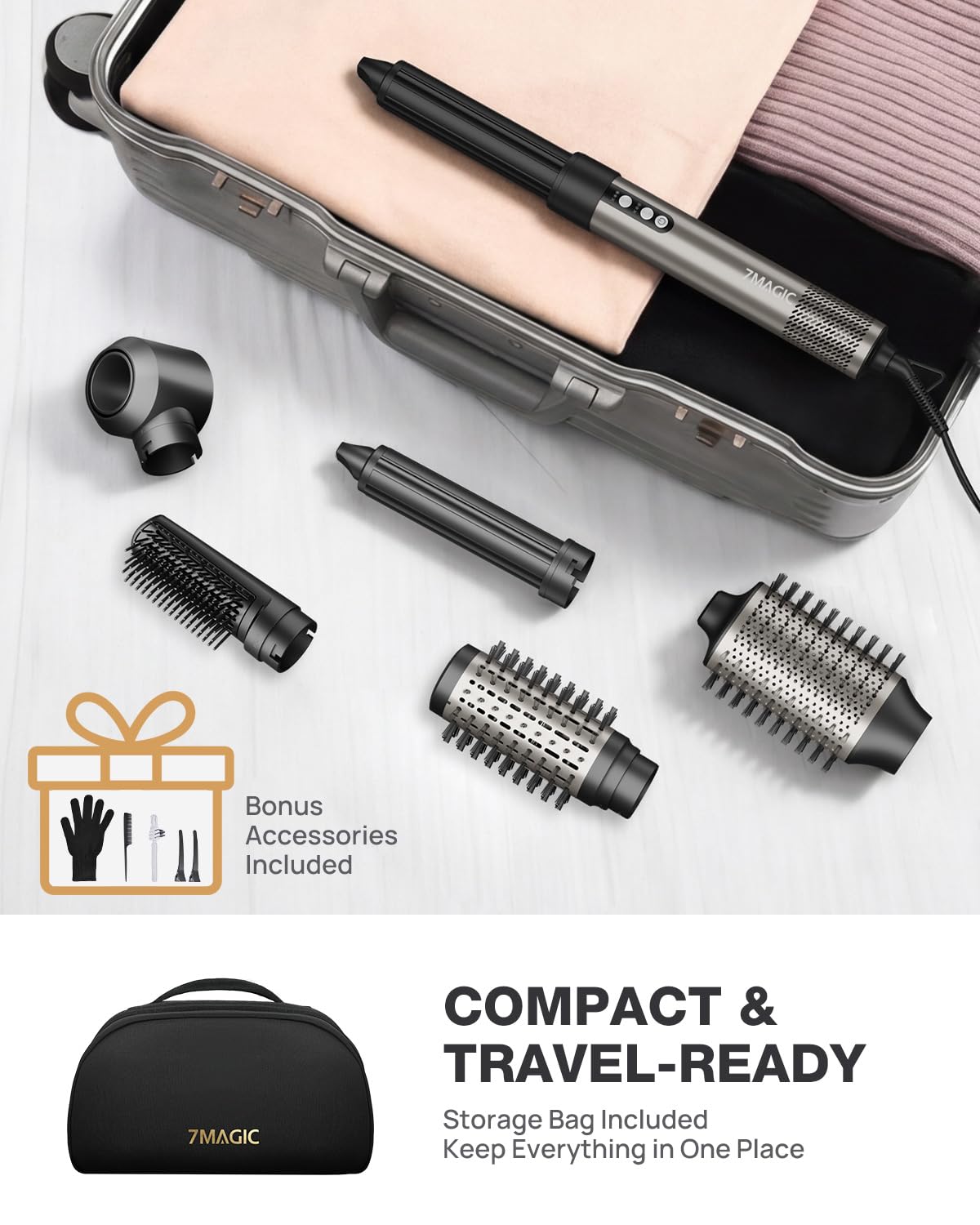 7MAGIC 6 in 1 Multi Hair Styler Dryer Brush, 110,000 RPM High-Speed, Negative Ionic, Fast Drying for Professional Blow Dry, Curling, Volumizing, Straightening and Styling, Silver