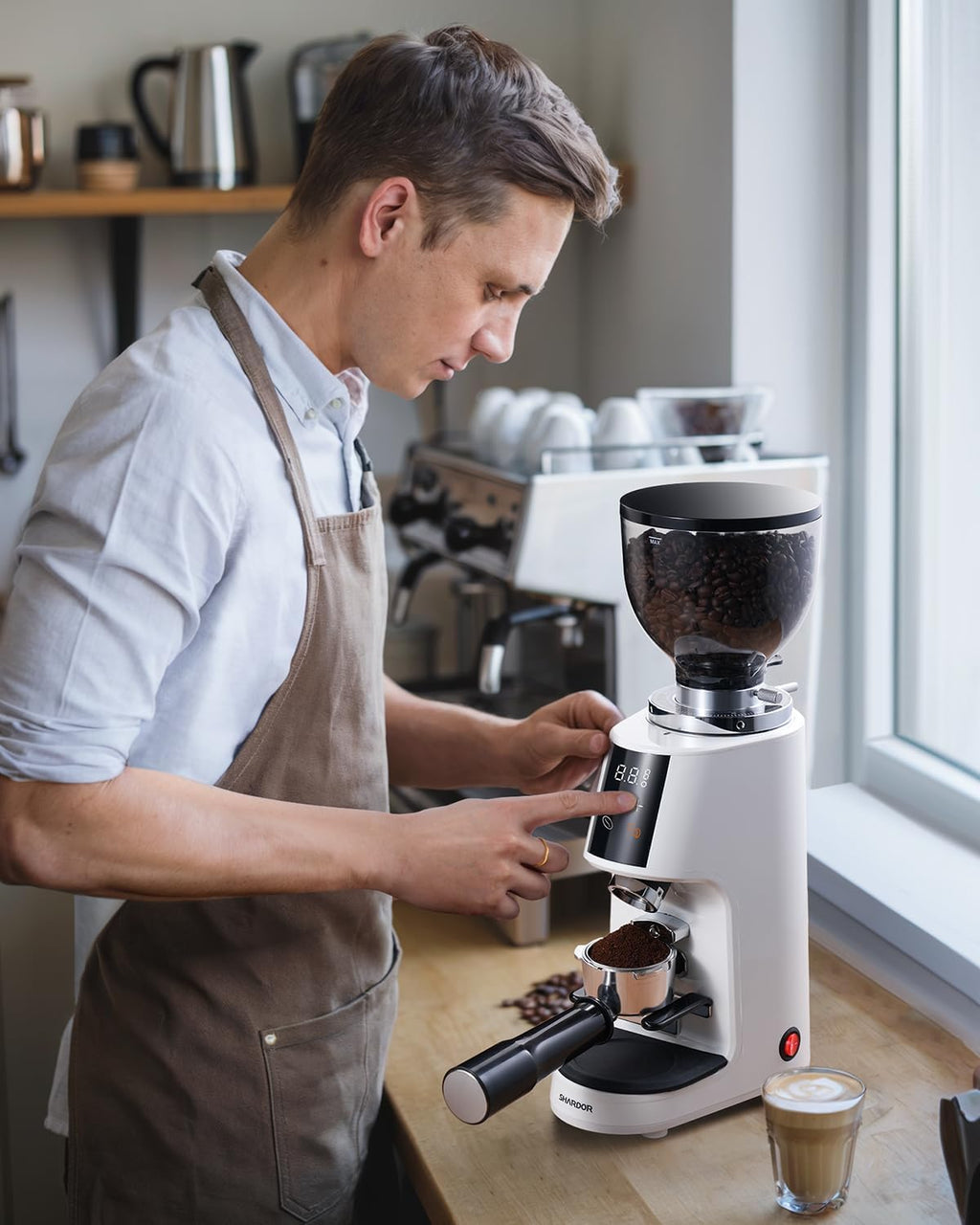 SHARDOR Professional 64mm Burr Coffee Grinder with 100 Grind Settings and All-Metal Chamber, Coffee Bean Grinder with Adjustable Electronic Timer and LED Display, Anti-Static,White