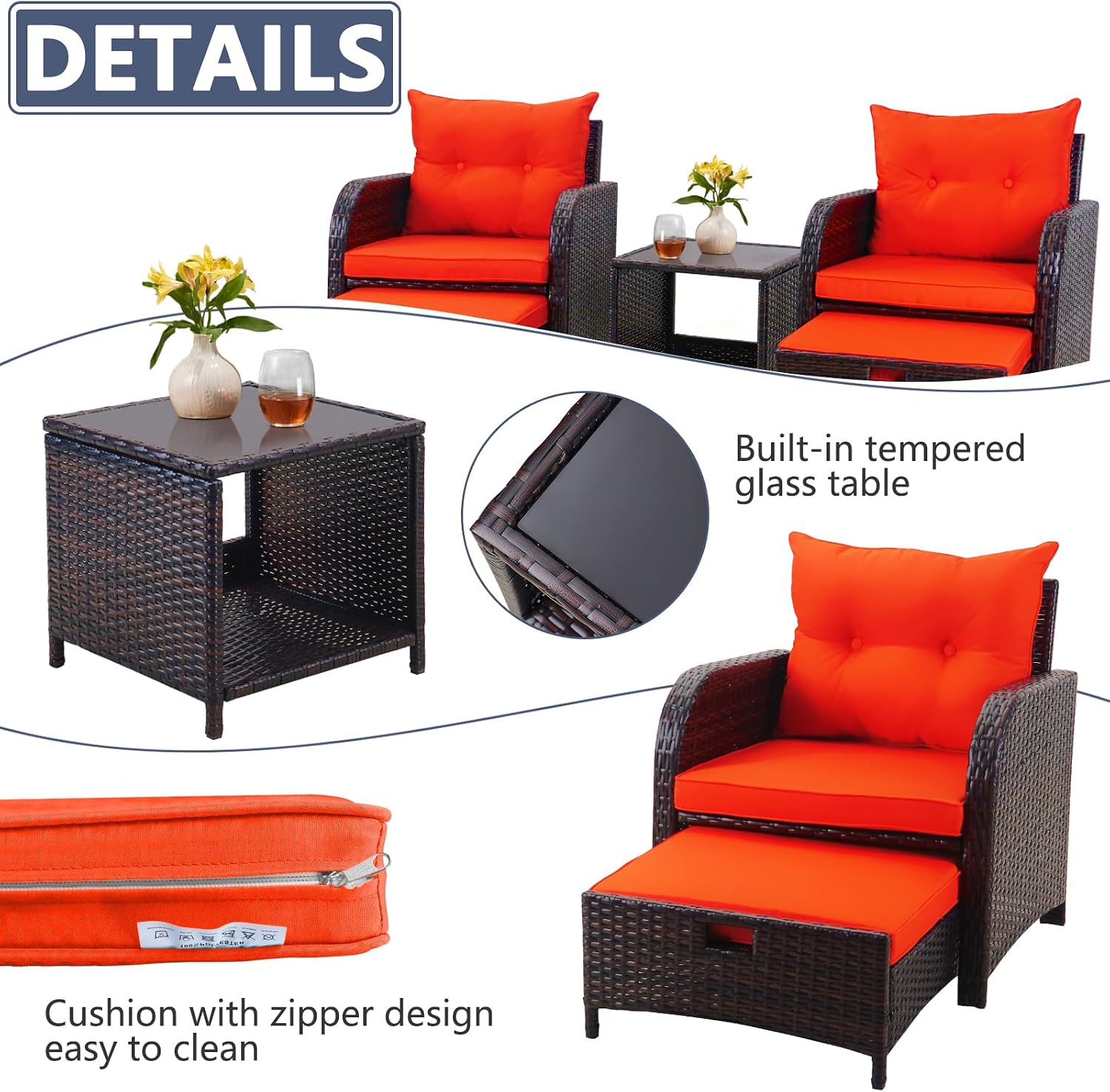 5 Pieces Wicker Patio Chairs Set with Ottomans, Orange Cushioned Lounge Chairs Set of 2 with Ottoman, PE Rattan Outdoor Furniture with Ottoman Set for Balcony Porch