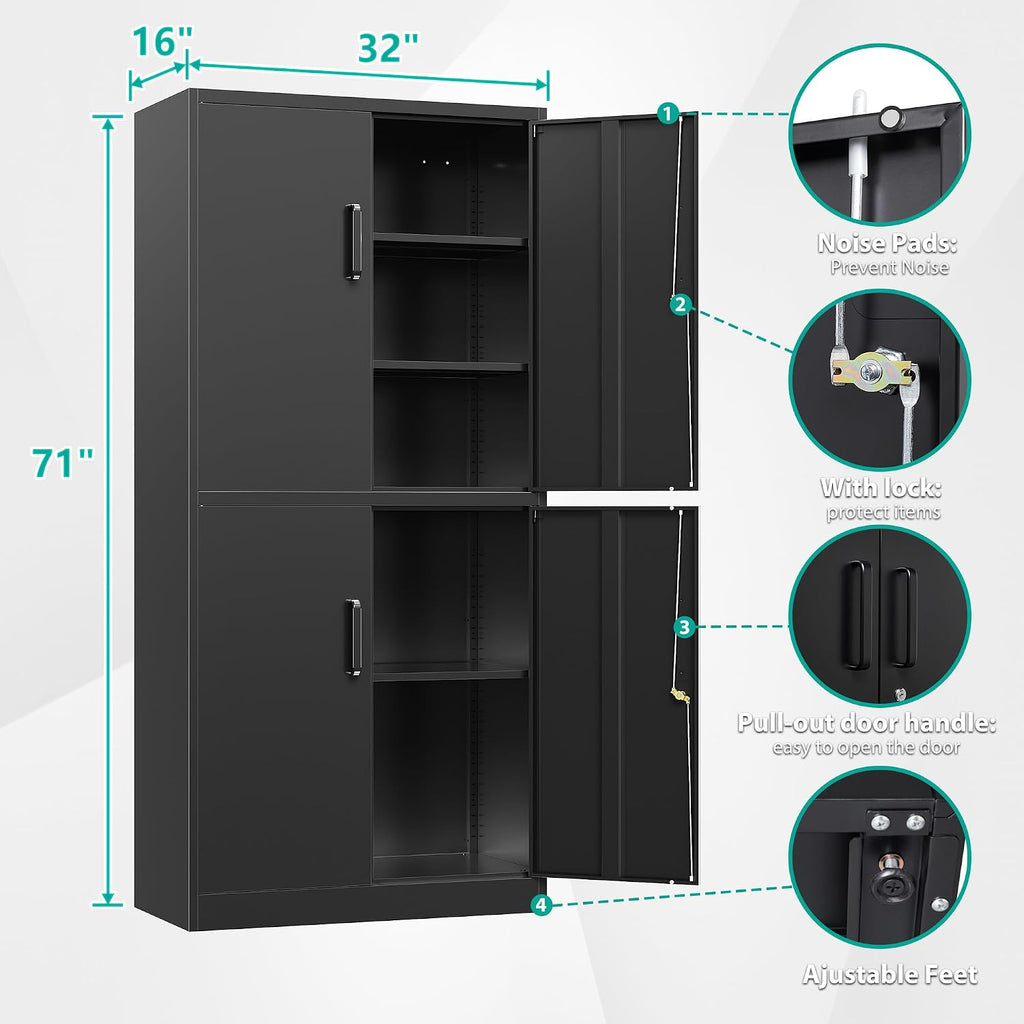 Metal Storage Cabinet with 3 Adjustable Shelves and 4 Doors,71' Garage Storage Cabinet with Lock,Black Metal Cabinets with Locking Doors,Steel Tool Cabinets,Lockable Cupboard for Home,Office,Garage