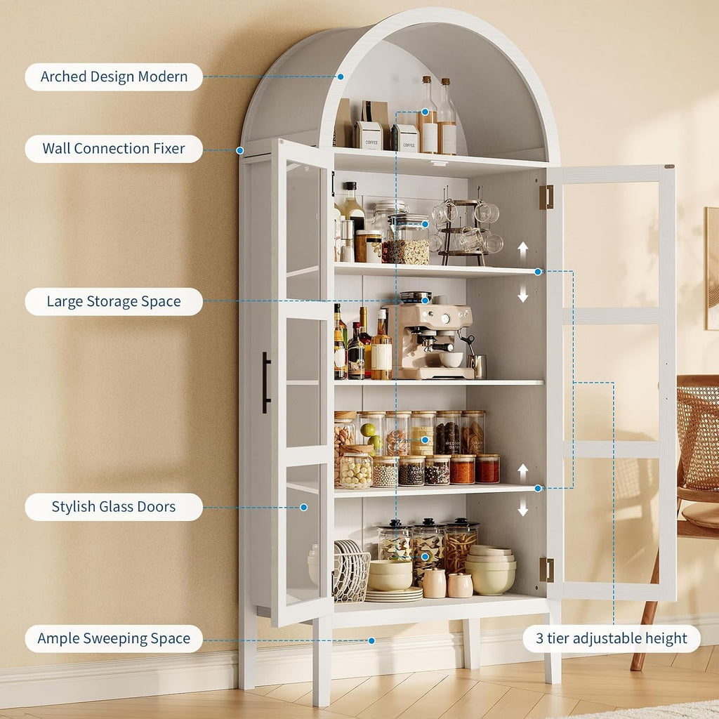 GarveeHome 70 in Tall Arched Kitchen Pantry Cabinet with LED Lights, Modern Wood Arched Bookshelf with Glass Doors & Adjustable Shelves, Elegant Display Cabinet for Kitchen, Dining Room, Living Room