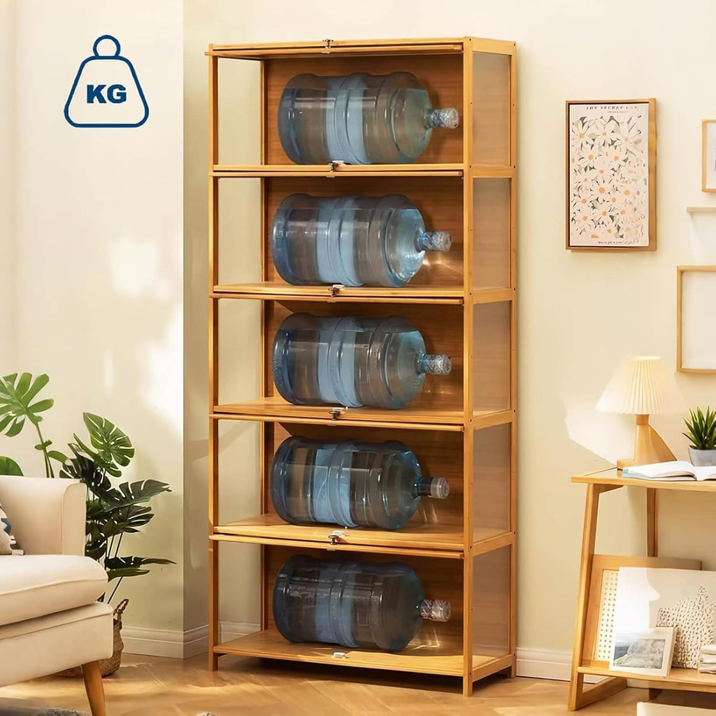 Display Cabinet with Acrylic Glass Doors, 5-Tier Curio Cabinet, Collectibles Toy Organizers Rack & Display Shelf, High Display Case for Home, Office, Playroom, Living Room (Wooden flep Door)