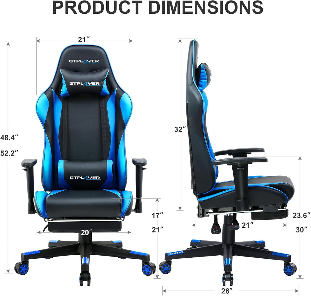 GTPLAYER Gaming Chair with Footrest, Ergonomic Computer Game Desk Chair, Reclining Gamer Chair Seat Height Adjustment, Swivel Rocker with Headrest and Lumbar (Blue)