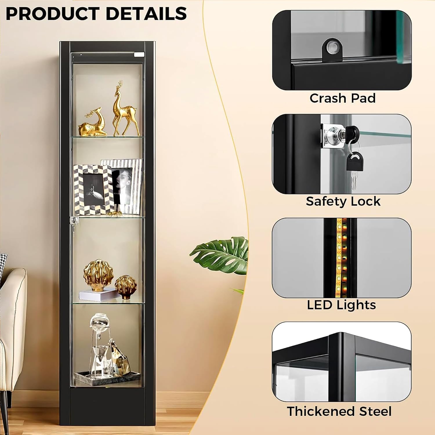 BECHAEO Glass Display Cabinet with 12 Color Lights and Lock, 4-Tier Curio Cabinet with Tempered Glass Door, Adjustable Shelves, 63' Metal Display Case for Collectibles Living Room, Black