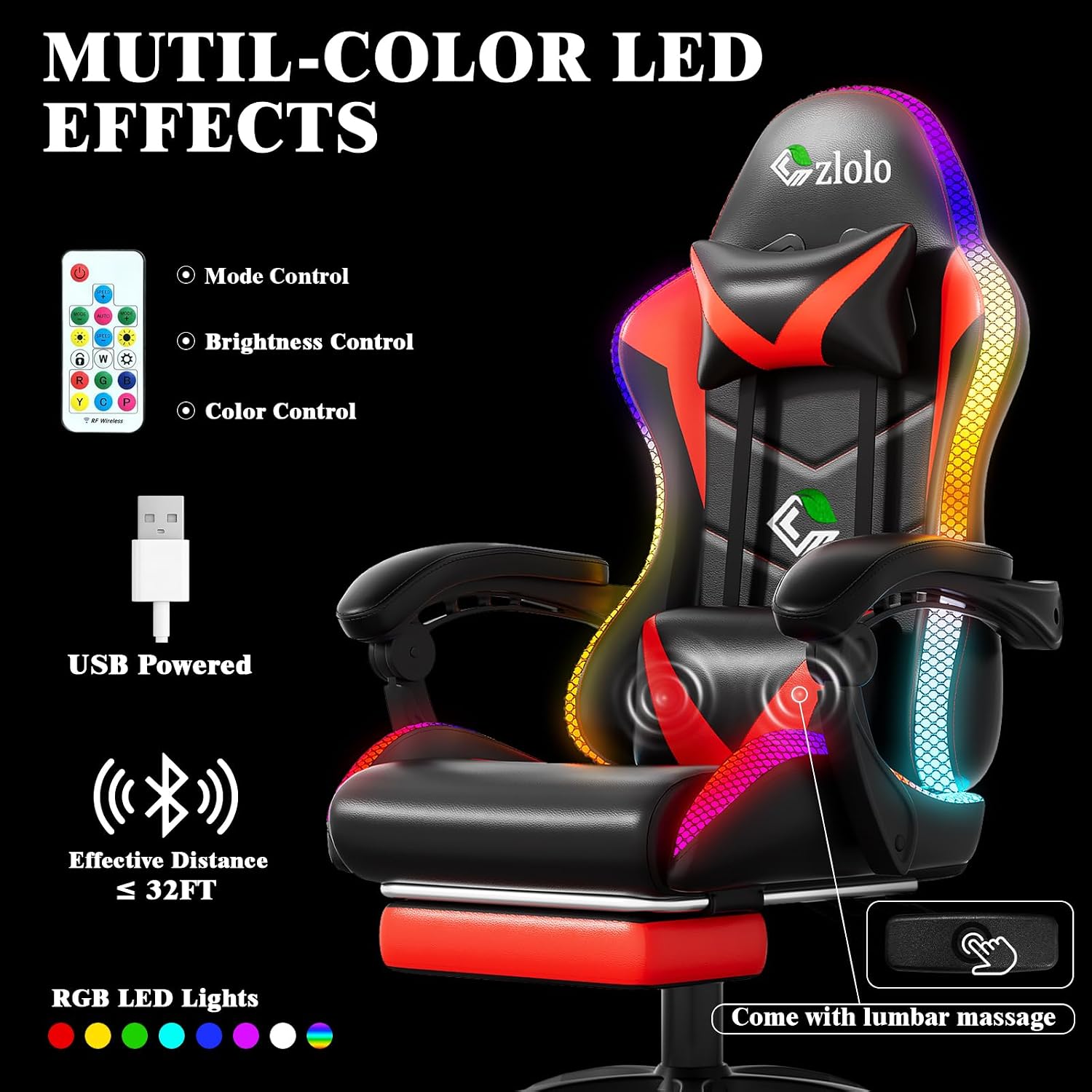 Czlolo Gaming Chair, Racing Style RGB LED Lights Gaming Chairs for Adults and Kids, Lumbar Massager Gamer Chair, High Back Reclining Computer Chair with Footrest and Headrest (Black/Red)