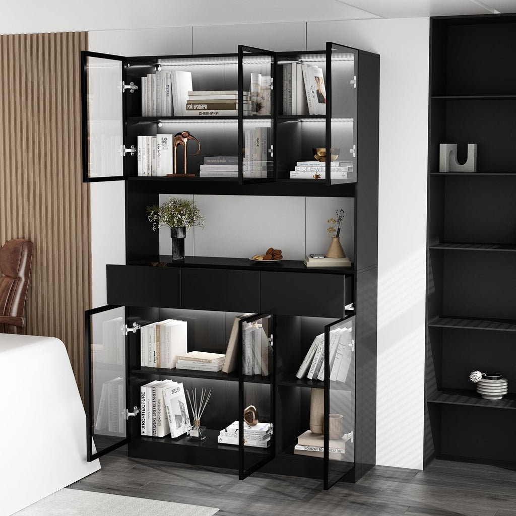 Curio Display Cabinet with Light, Storage Shelves with Pop-up Glass Doors, 3 Drawers & 3 Color Light, Collectibles Cabinet Display Shelf, Bookshelf Showcase for Living Room, Black w/Hutch