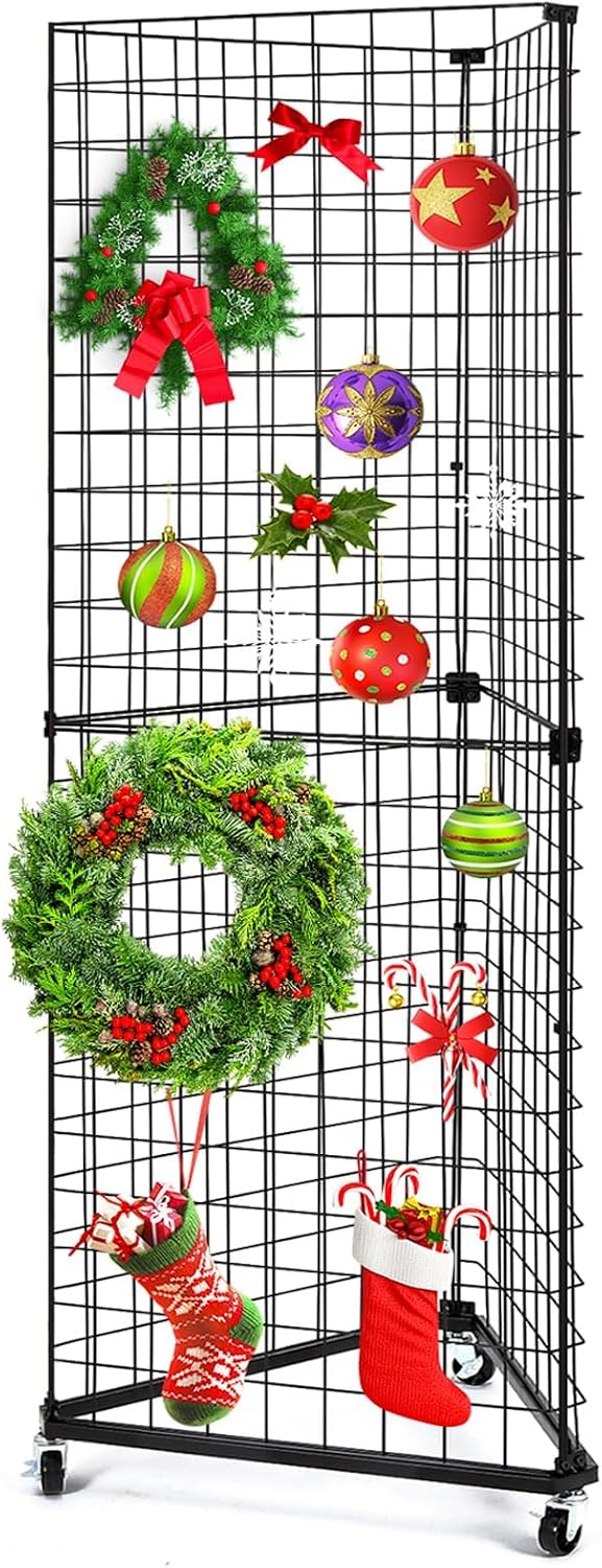 GADFISH Triangular Gridwall Panel Display Stand, Black Triangle Wire Grid Tower with Base and Casters, 24' x 68' Rolling Grid Wall, Panel Stand for Home Organization, Retail, Trade Show, Vendor