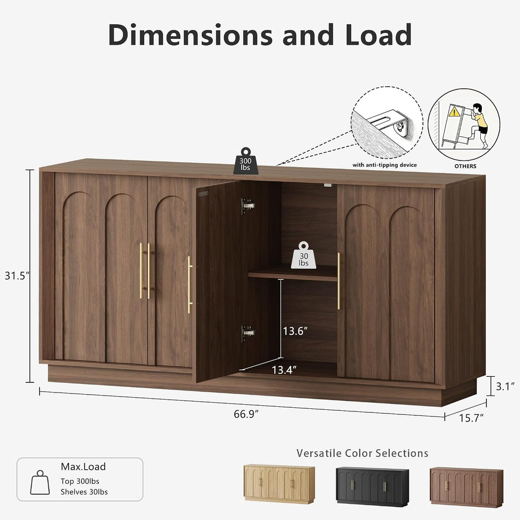 FORTUNETEC Sideboard Buffet Cabinet with Storage, Mid Century Modern Accent Cabinet with Arched Doors, Modular Media Console, Minimalist Credenza for Living Room Kitchen Dining Room Entryway, Walnut