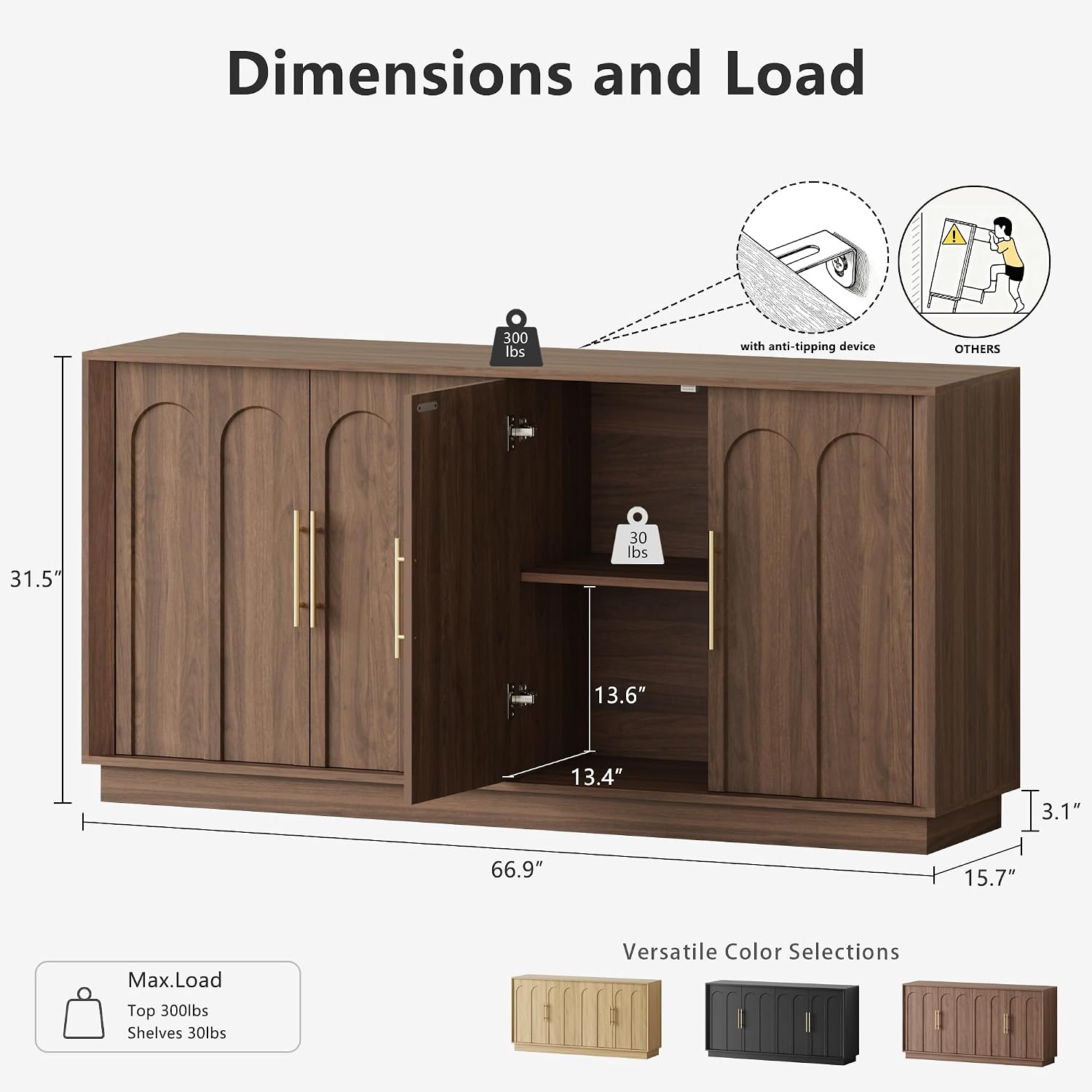 FORTUNETEC Sideboard Buffet Cabinet with Storage, Mid Century Modern Accent Cabinet with Arched Doors, Modular Media Console, Minimalist Credenza for Living Room Kitchen Dining Room Entryway, Walnut