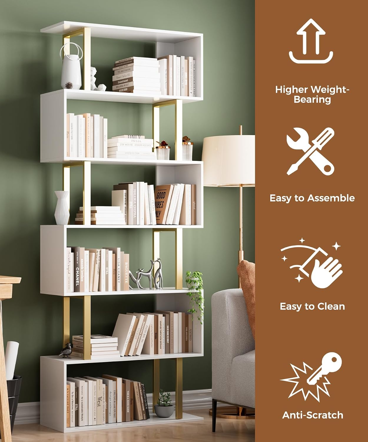 Gadroad 6-Tier Geometric Bookcase,S Shaped Bookshelf, Wood Decorative Storage Shelving, Modern Freestanding Display Shelves, Tall Book Shelf Unit for Living Room Bedroom