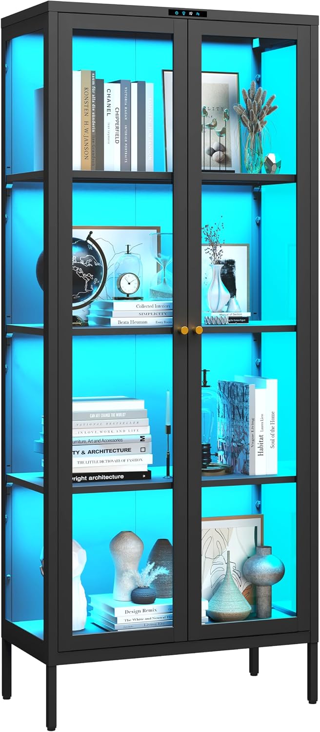 UNICOLY Display Cabinet with Glass Doors, Glass Display Cabinet with 8 Color LED Lights, Curio Display Cabinet with 3 Shelves for Living Room, Plant, Display Shelf, Assembly Required, Black