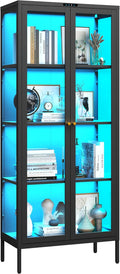 UNICOLY Display Cabinet with Glass Doors, Glass Display Cabinet with 8 Color LED Lights, Curio Display Cabinet with 3 Shelves for Living Room, Plant, Display Shelf, Assembly Required, Black