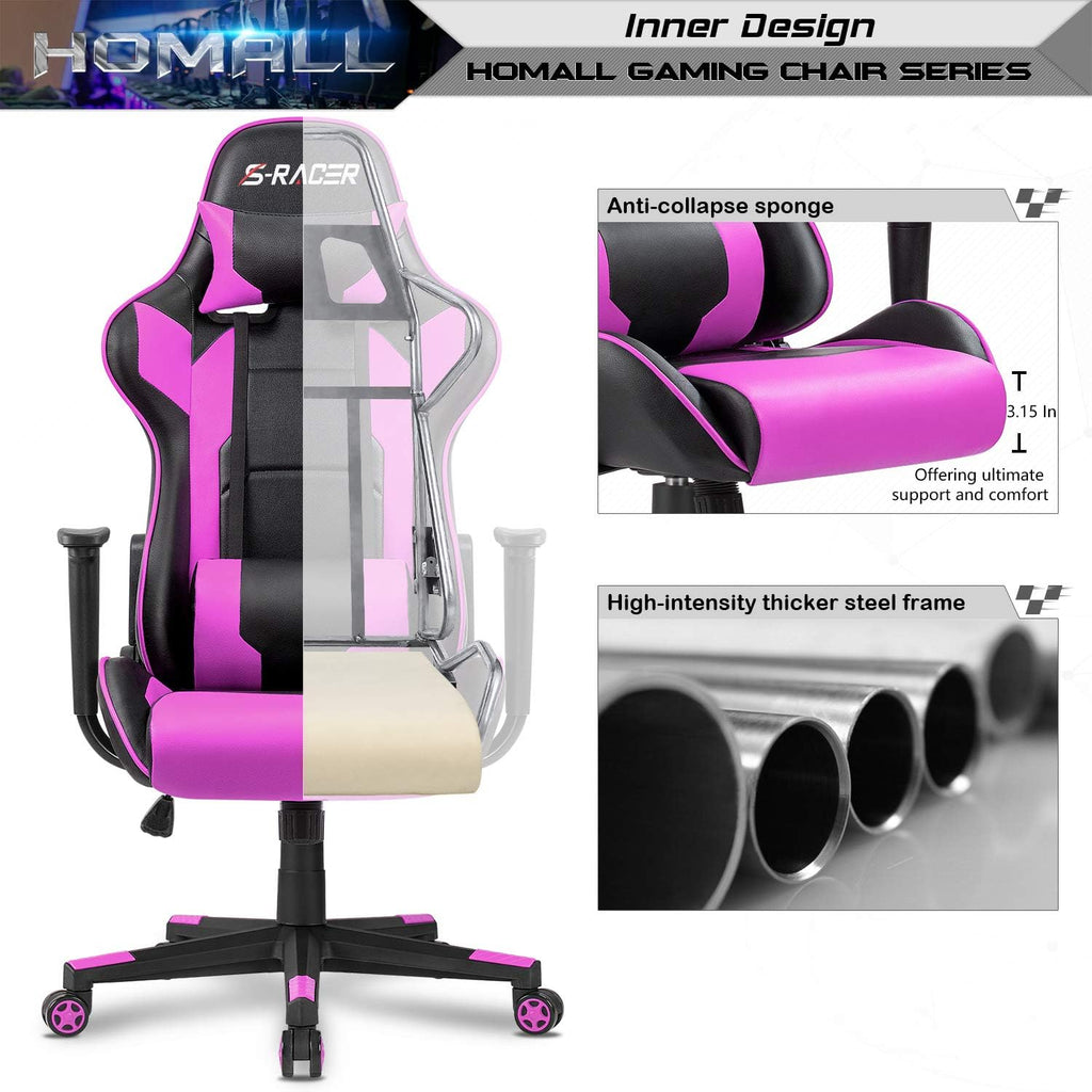 Homall Gaming Chair, Office Chair High Back Computer Chair Leather Desk Chair Racing Executive Ergonomic Adjustable Swivel Task Chair with Headrest and Lumbar Support (Violet)