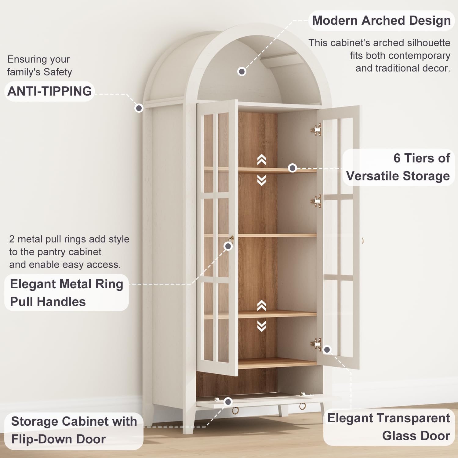 70' Tall Arched Cabinet, Modern Farmhouse Wooden Display Cabinet with Glass Doors, 6 Tier Bookshelf with Adjustable Shelves for Living Room, Office, Antique White