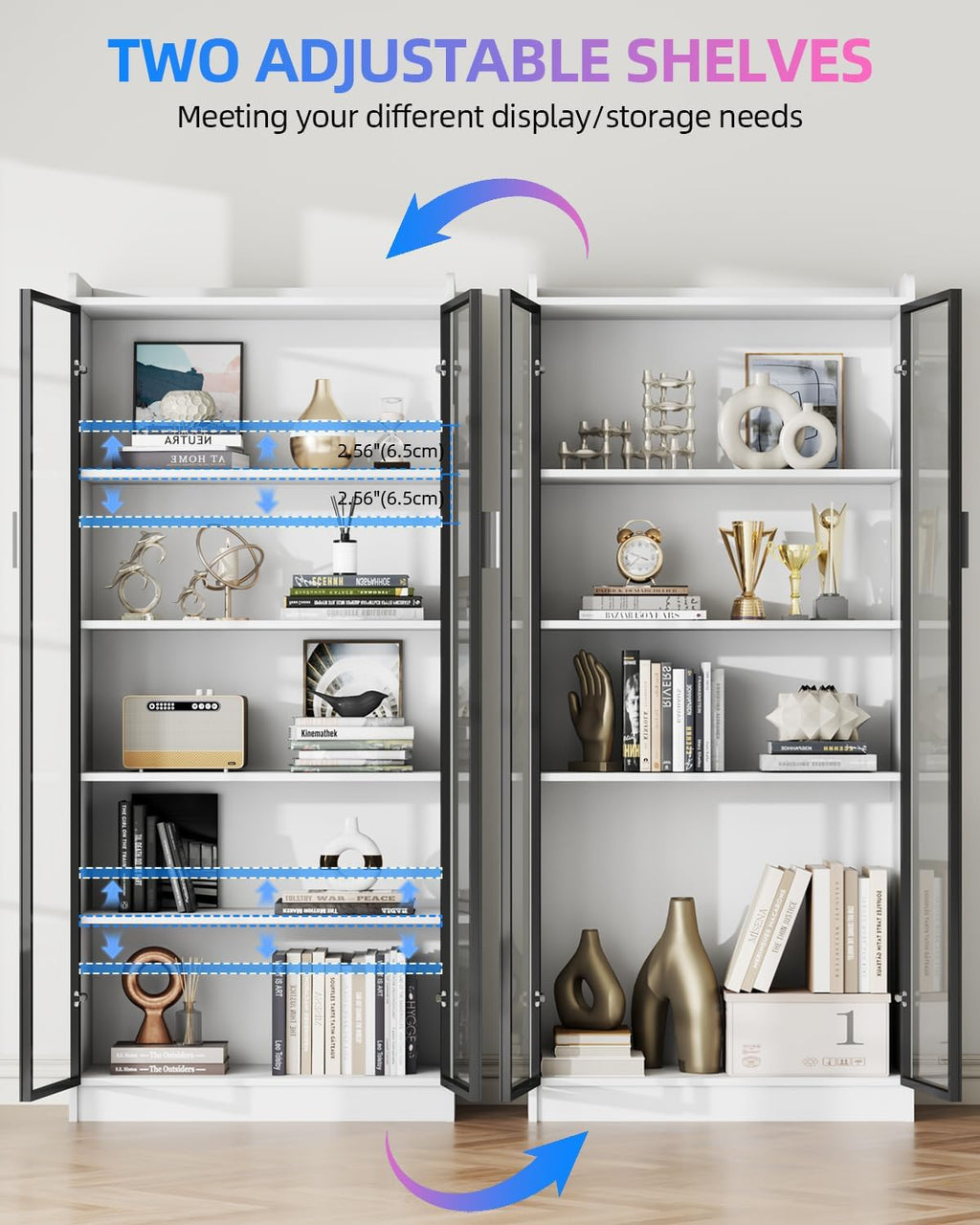 FREDEES Display Cabinet with Glass Doors, 5-Tier Curio Cabinet with Motion Sensor RGB Lights, 65' Tall Glass Display Case with Adjustable Shelves for Collectibles, Figures, Books, White