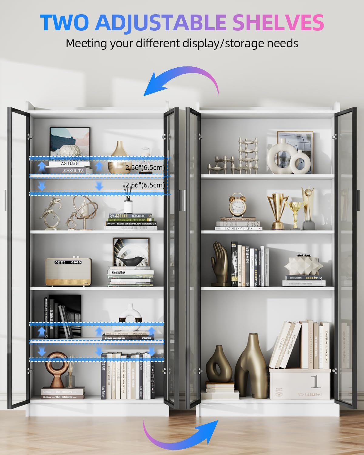 FREDEES Display Cabinet with Glass Doors, 5-Tier Curio Cabinet with Motion Sensor RGB Lights, 65' Tall Glass Display Case with Adjustable Shelves for Collectibles, Figures, Books, White