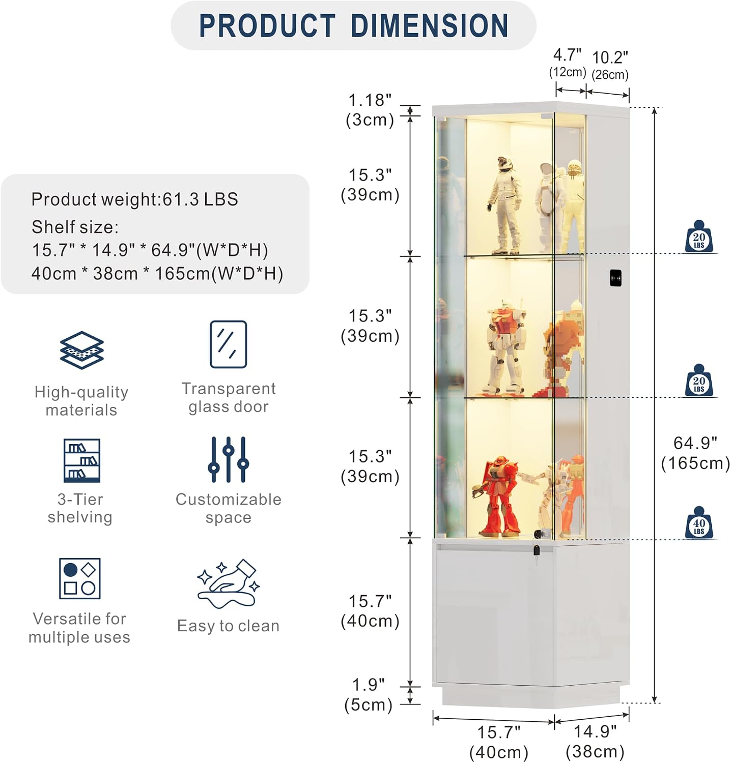 HNEBC Corner Glass Display Cabinet with Lockable&3 Color Lights for Living Room White, Curio Cabinet with Adjustable Glass Shelf for Liquor Figurine Bookcase for Living Room