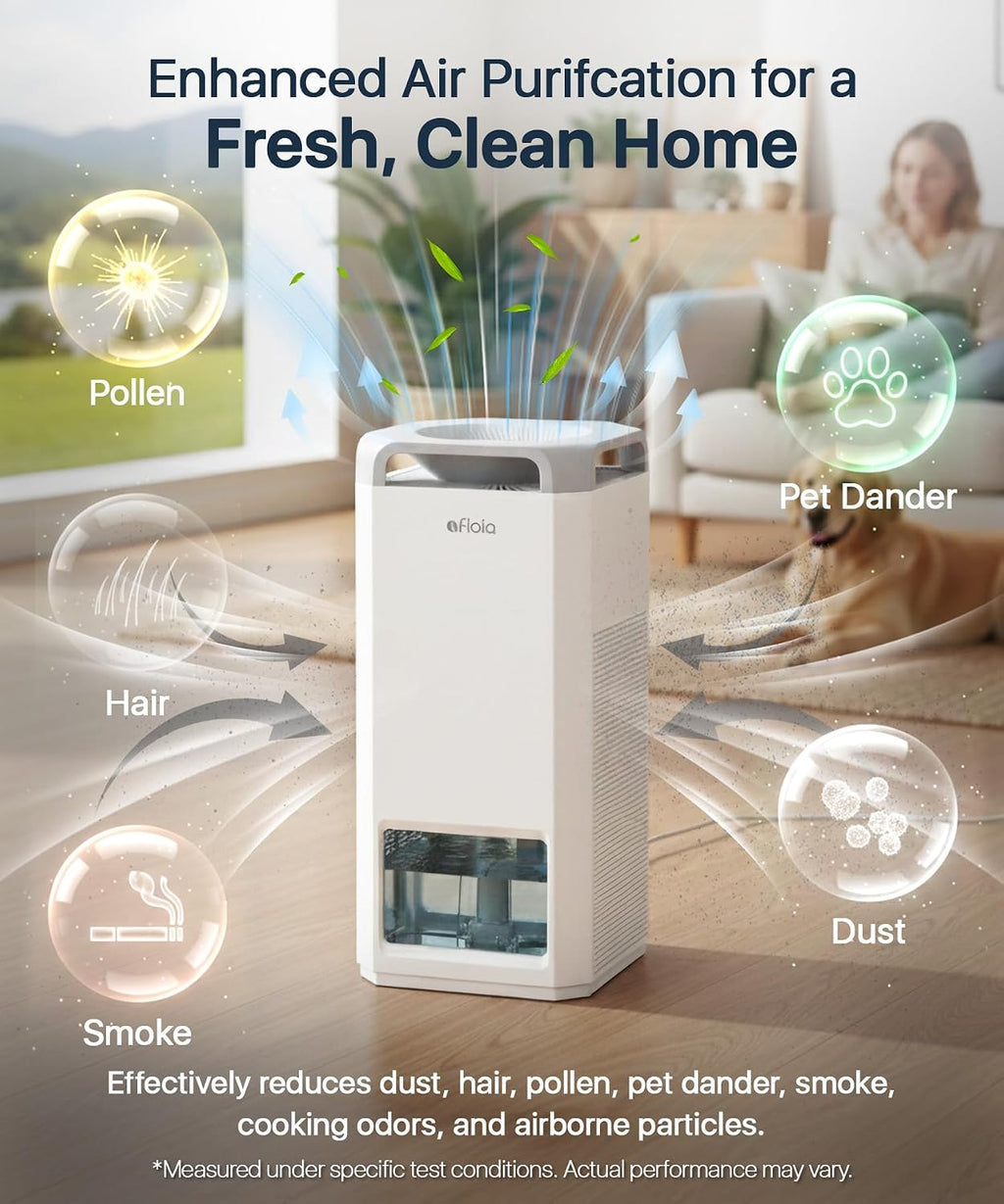 Afloia Humidifier for Bedroom Large Room - Mist Free Evaporative 2 in 1 Humidifier and Air Purifier in One Combo for Home with Top Fill 5L Tank/Humidity&Air Quality Sensor/2-24H Timer