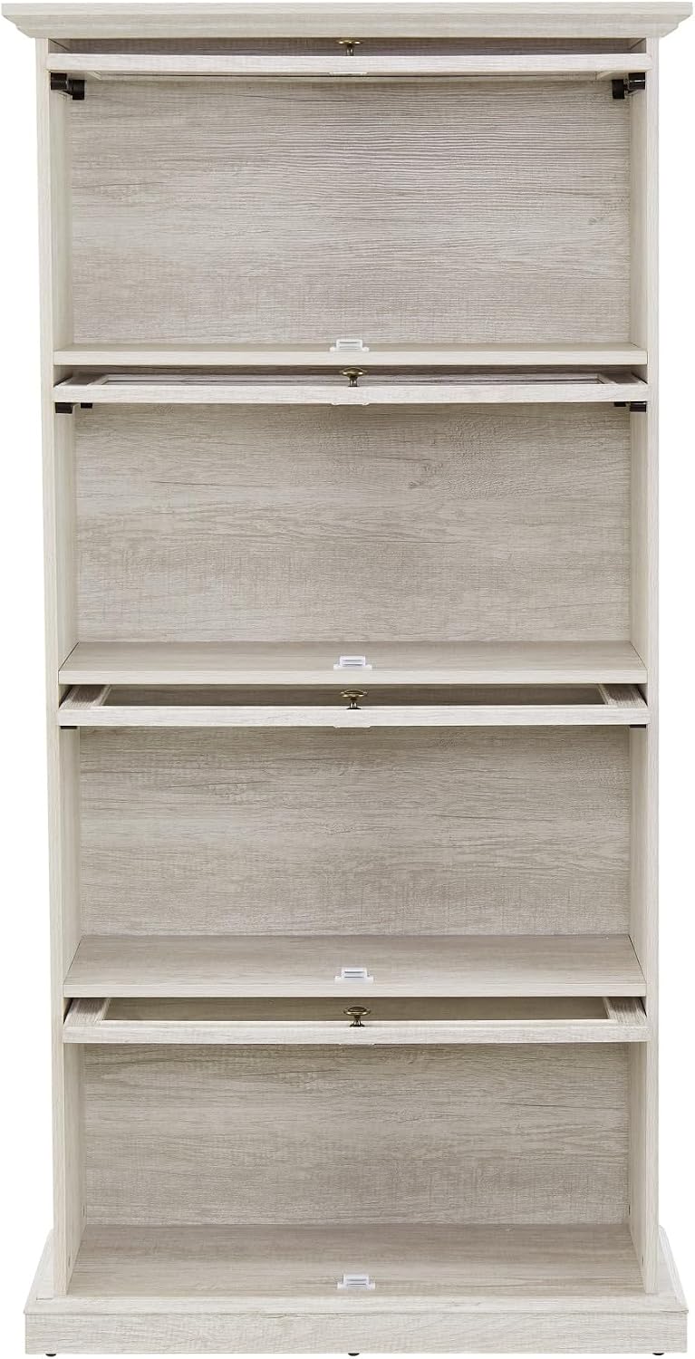 Tall Bookcase with Glass Doors, 63' H Farmhouse Glass Curio Display Cabinet with Flip up Doors, Elegant Storage Cabinet with 4-Tier Shelves, Rack for Living Room (White)