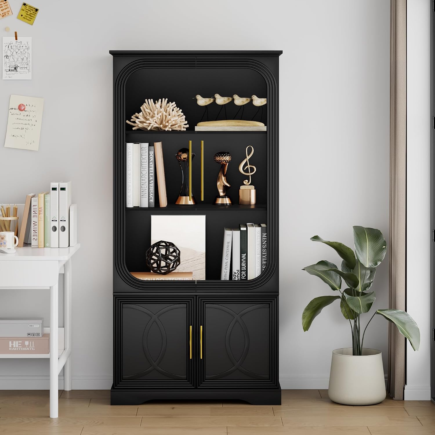 2pc Wood Display Cabinet with Glass Doors, 69' Tall Curio Cabinet with LED Lights, Glass Display Case with Storage and 3 Shelves for Living Room, (Black-2)