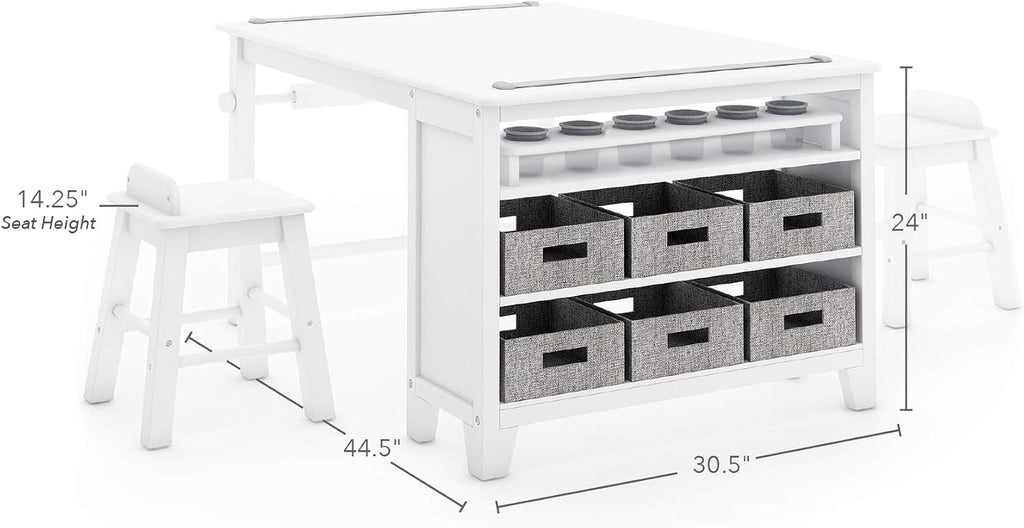 Martha Stewart Kids' Art Table and Chair Set - Linen White: Wooden Play Table for Arts and Crafts| Coloring Desk with Paint Cups, Paper Roll and Craft Supplies Storage Bins