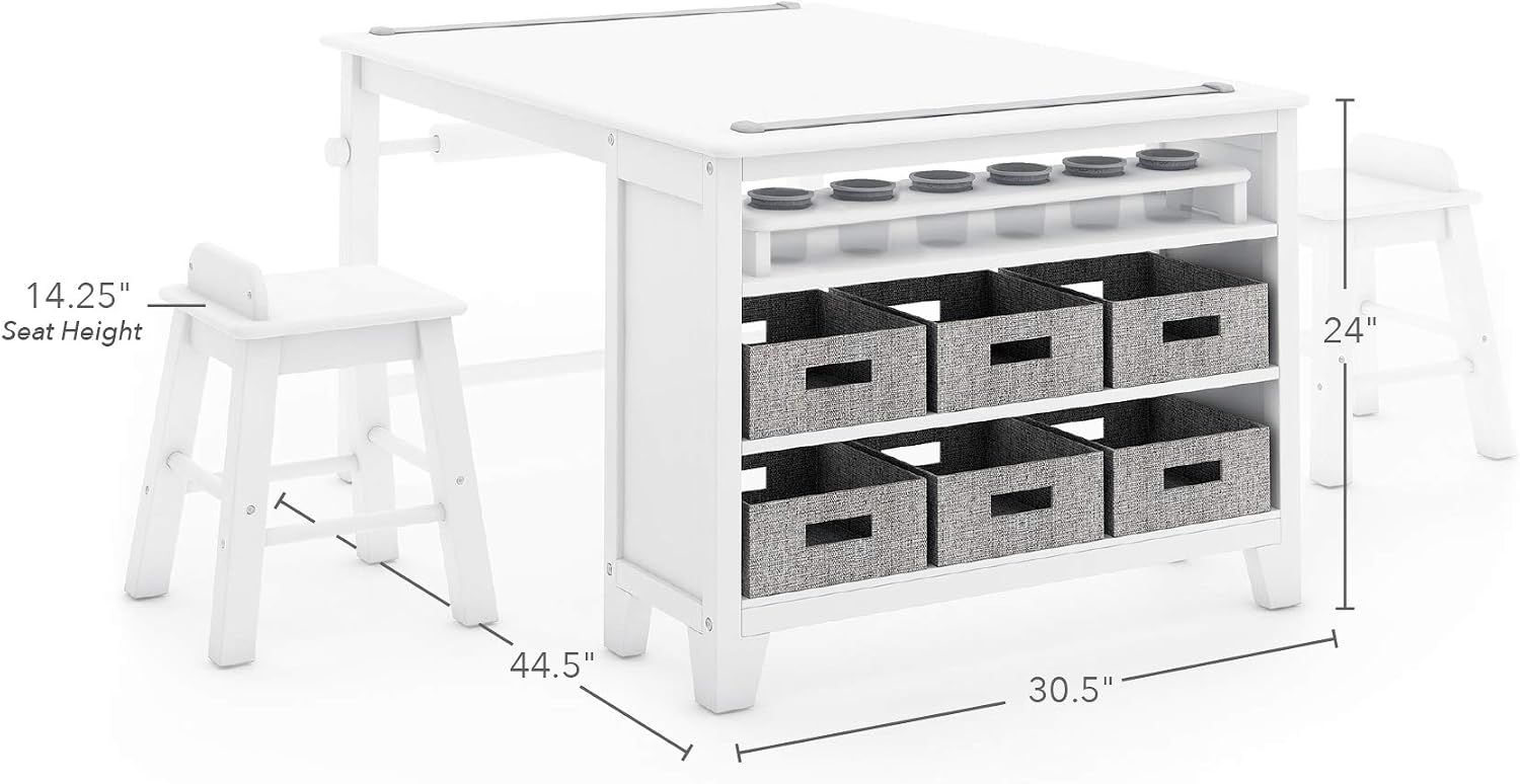 Martha Stewart Kids' Art Table and Chair Set - Linen White: Wooden Play Table for Arts and Crafts| Coloring Desk with Paint Cups, Paper Roll and Craft Supplies Storage Bins