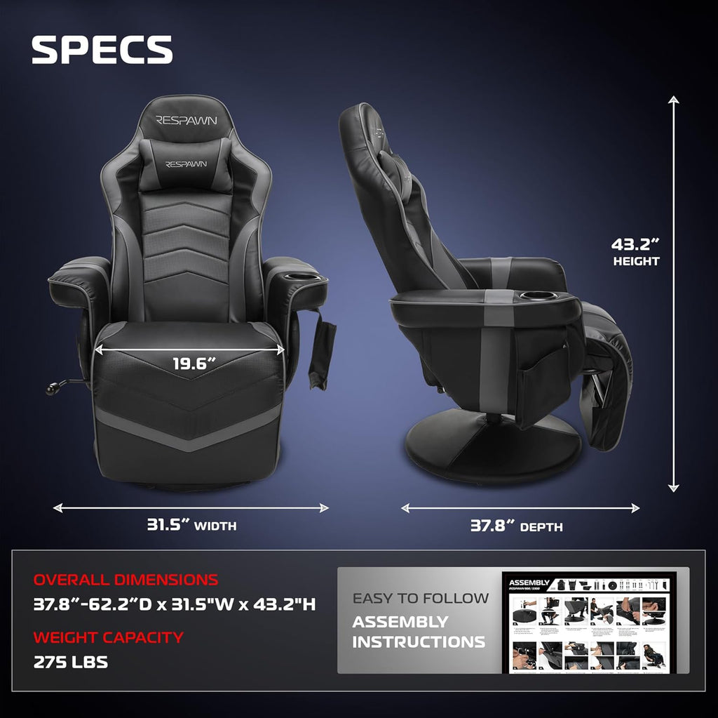 Respawn 900 Console Gaming Recliner with Footrest and Lumbar Support - Comfortable Ergonomic Gaming Chair with Headrest, No Wheels, Reclining, Heavy Duty, Racing Style Video Game Chairs - Gray
