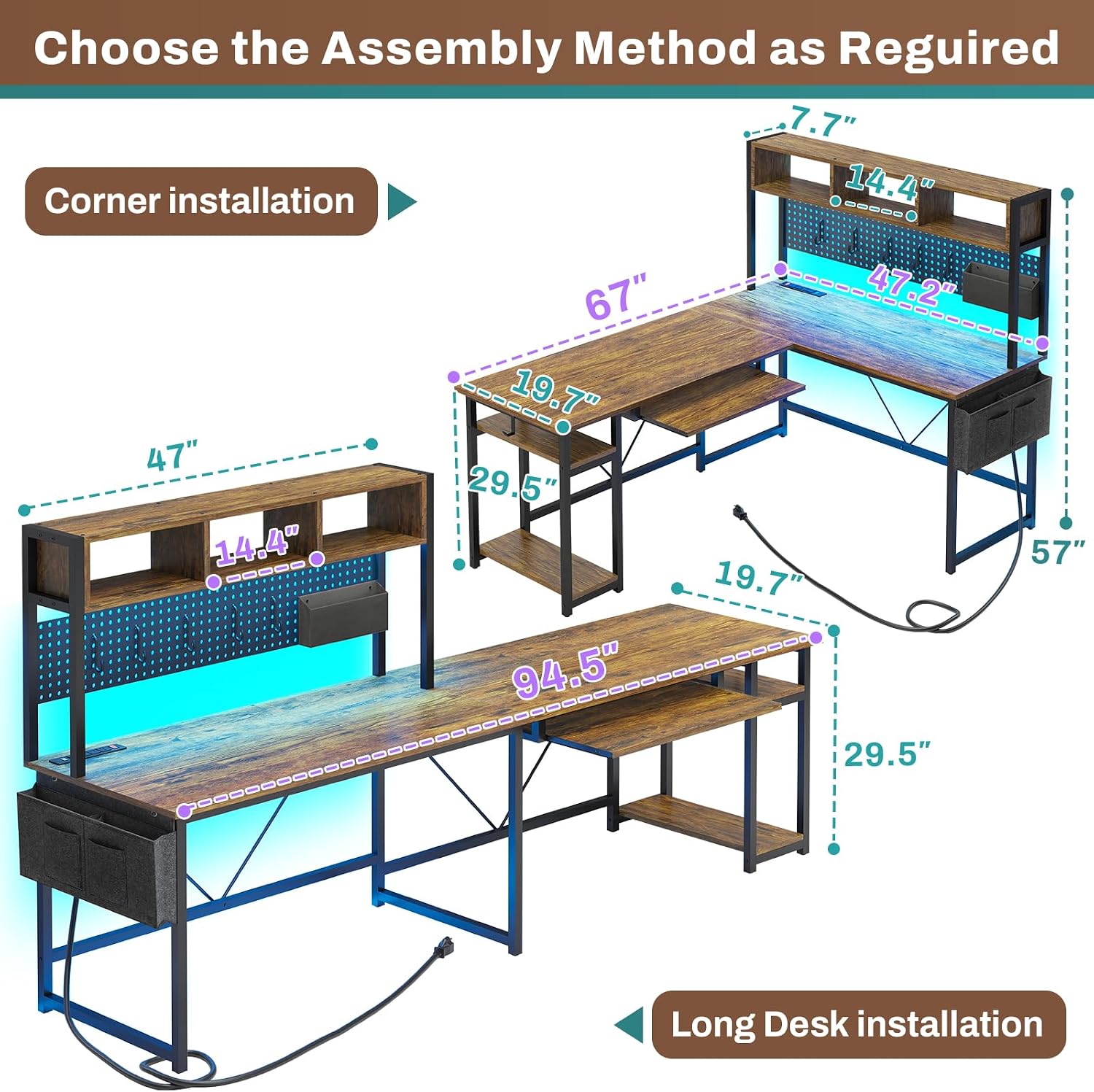 SEDETA L Shaped Computer Desk, Reversible Corner Desk with Power Outlet and Pegboard, Computer Desk with Led Lights, Keyboard Tray, Headphone Hook and Storage Shelves, Rustic Brown