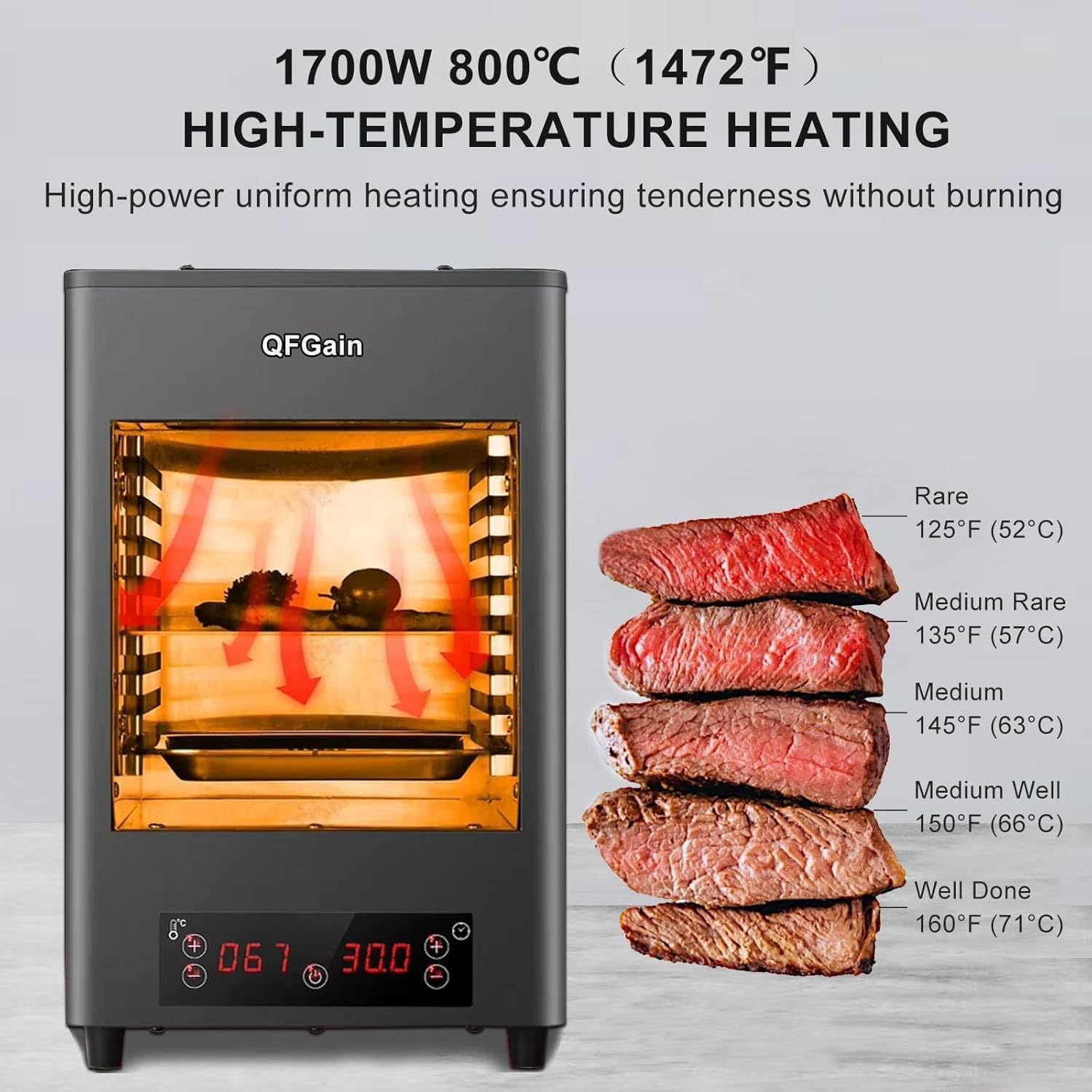 1700W Smokeless Electric Steak Broiler, Portable Indoor BBQ Grill with Timer & Temp Controller, Stainless Steel Steak Cooking Machine for Meat Burger Pizza (1 Grill+1 Tray+1 Clip),C