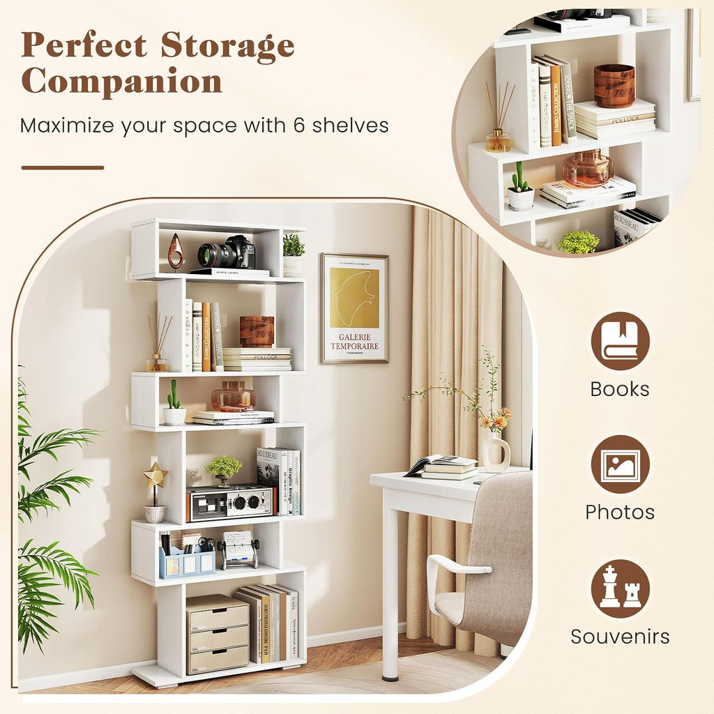 Giantex 6-Tier Geometric Bookshelves Set of 2, S-Shaped Bookcase with 2 Anti-Tipping Kits, Wooden Display Shelf, Decorative Storage Shelving Unit, Home Storage Organizer for Office Living Room, White