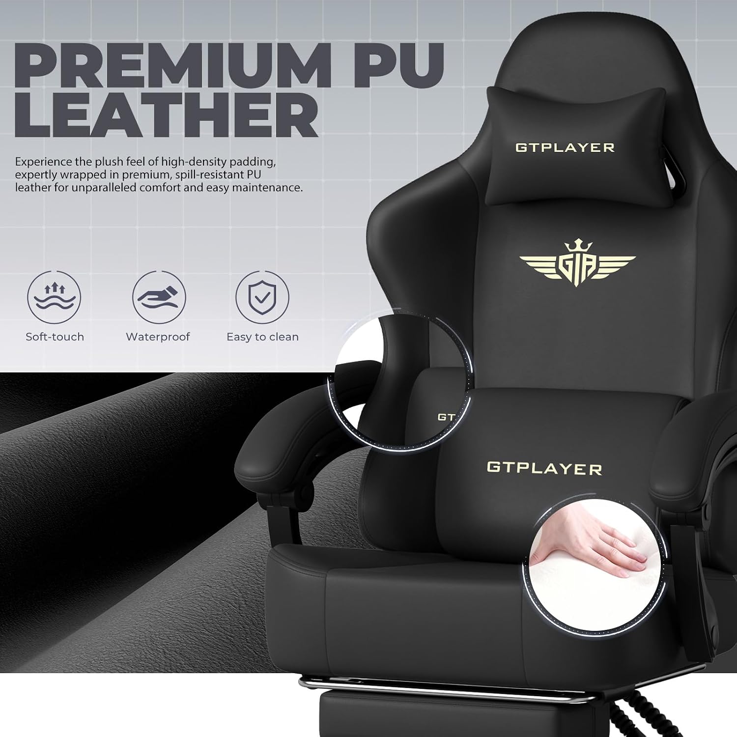 GTPLAYER Gaming Chair with Pocket Spring Cushion, Big and Tall Gamings Chairs 350LBS High Back Computer Chair with Footrest for Adults Lumbar Support Swivel Game Chair for Office,Leather Black-Massage