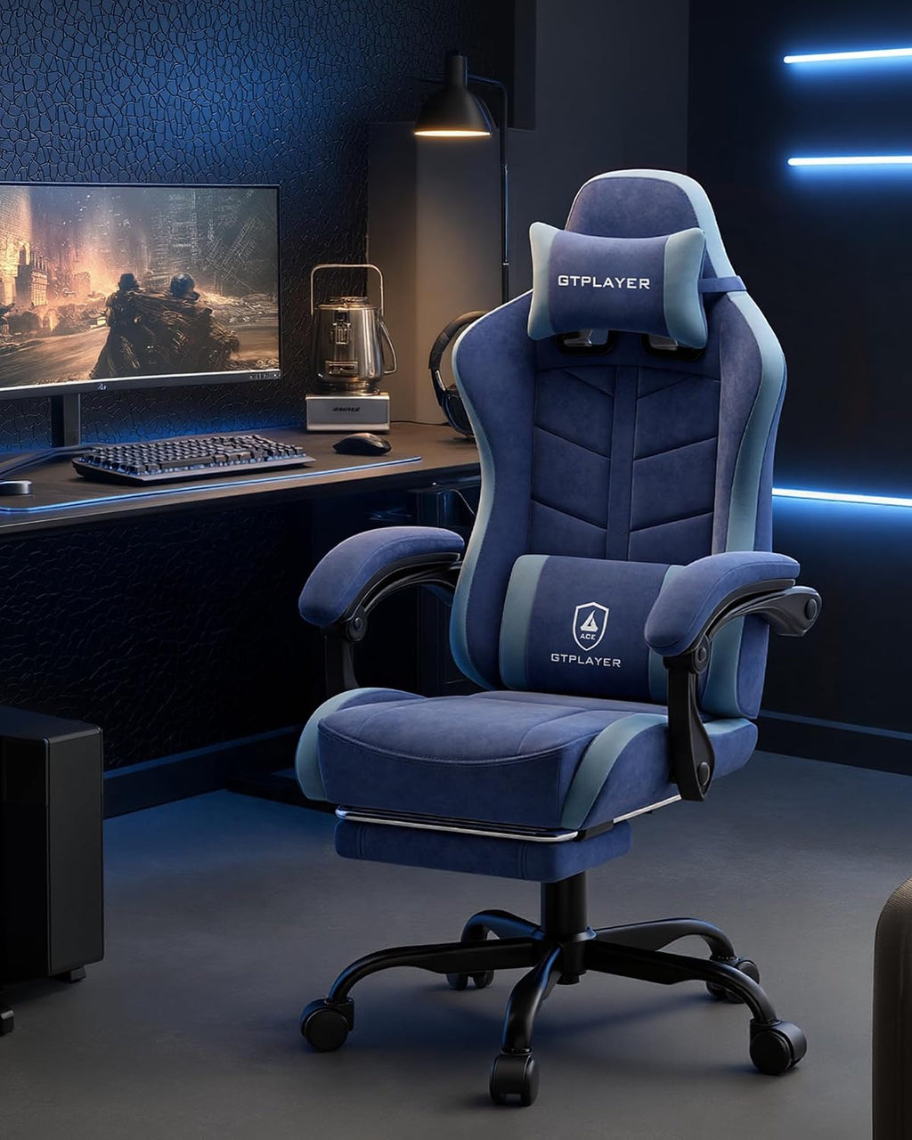 GTPLAYER Gaming Chair for Adults, Ergonomic Computer Gaming Chair with Footrest, Height Adjustable, 90-155° Recline & Removable Headrest Lumbar Support, Blue