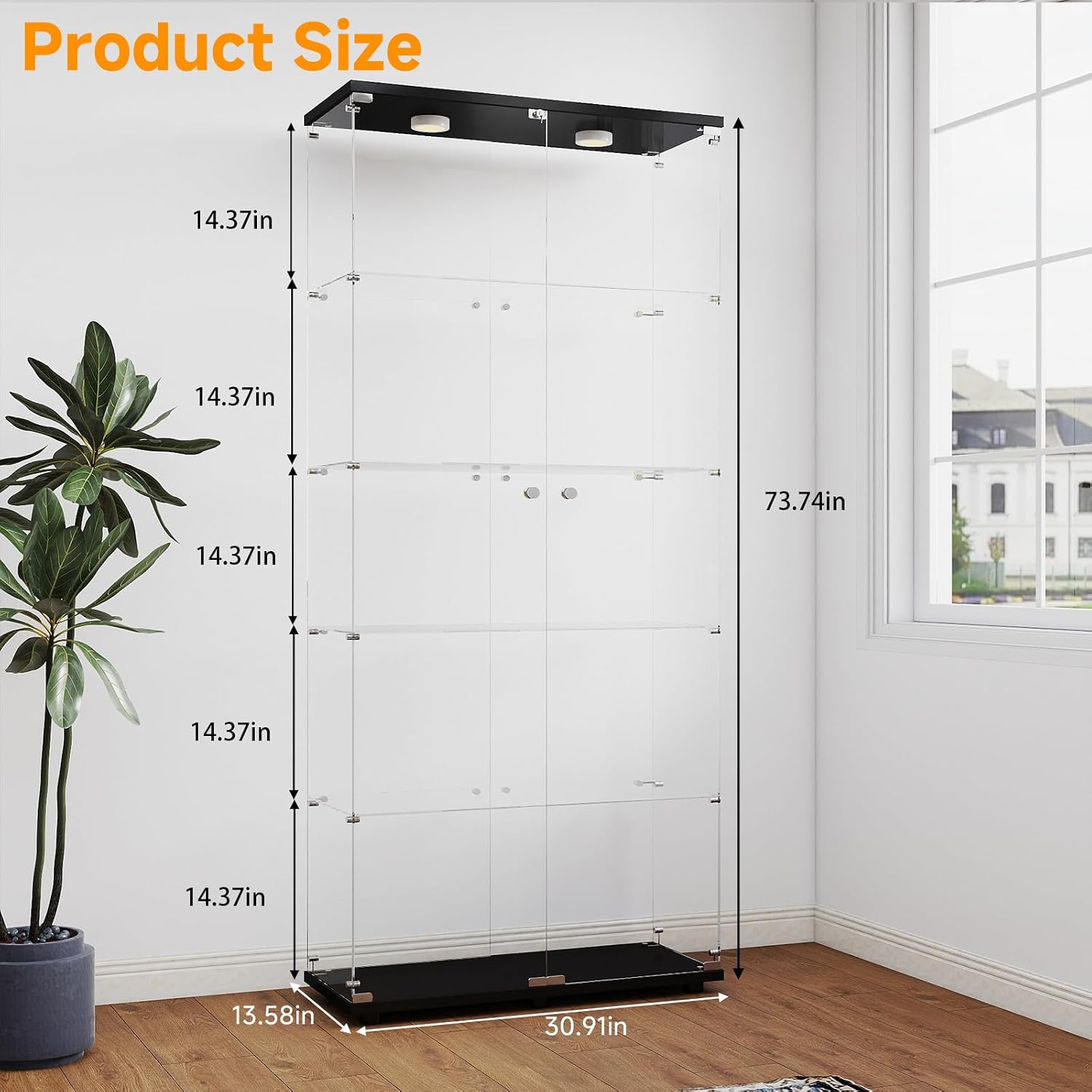 Zevemomo 5-Tier Tempered Glass Display Cabinet with Lights, Curio Cabinet with Glass Doors and Lock, Glass Display Case for Collectibles, for Living Room Bedroom Office, Double Door, Black