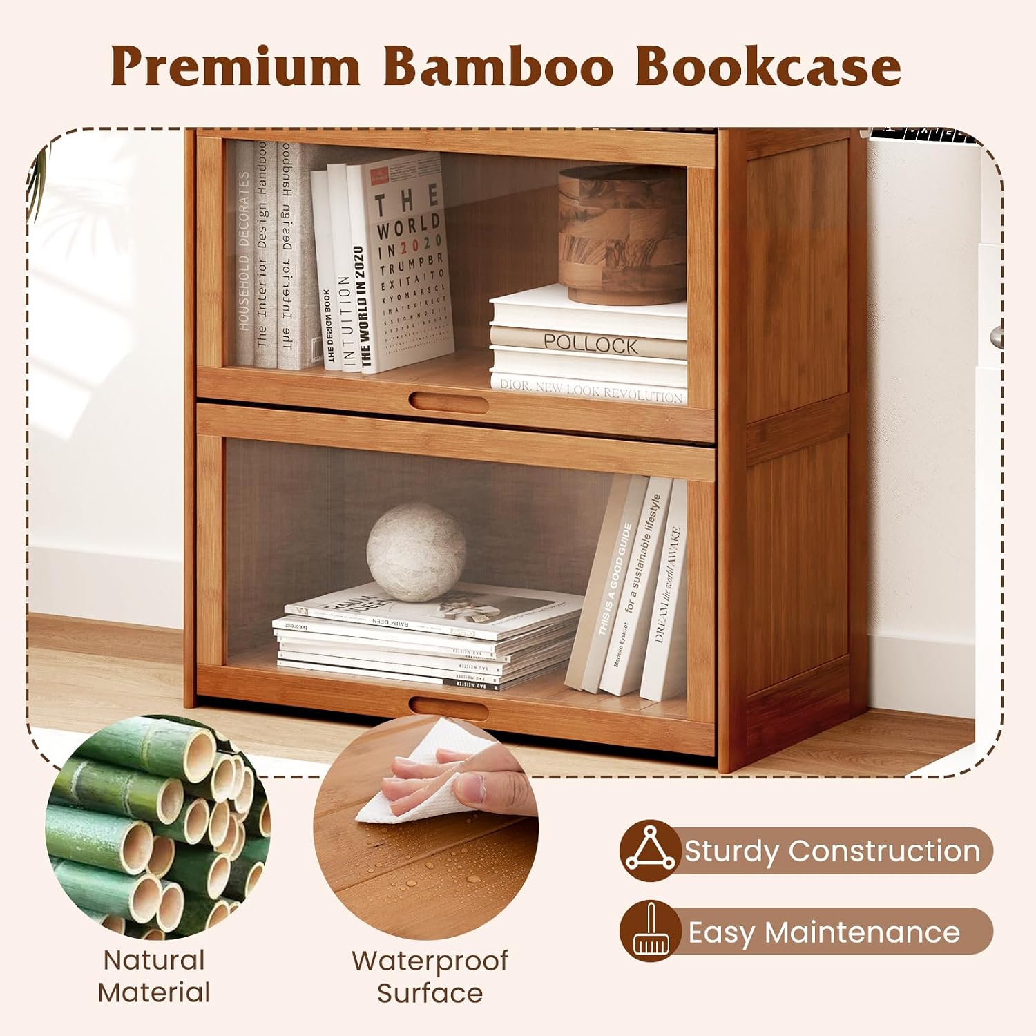 Giantex 4-Tier Bookcase with Clear Doors, 55' Bamboo Bookshelf with Flip-up Acrylic Doors, Freestanding Cube Storage Organizer with Shelves, Solid Wooden Display Cabinet for Living Room, Study, Brown