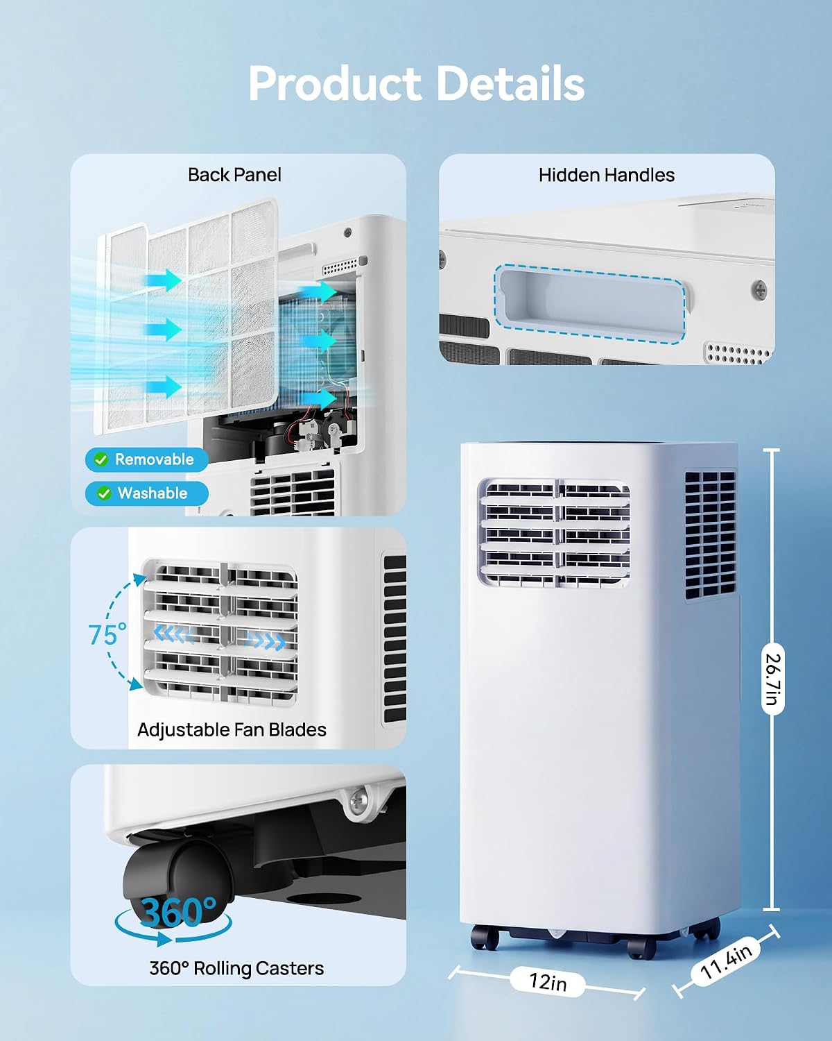 Feelfunn 8000 BTU Portable Air Conditioner, 3-in-1 Cools 350 Sq.Ft, Quiet AC with Fan & Dehumidifier, LED Display, Remote, 24H Timer, Window Kit, for Bedroom/Office/Dorms